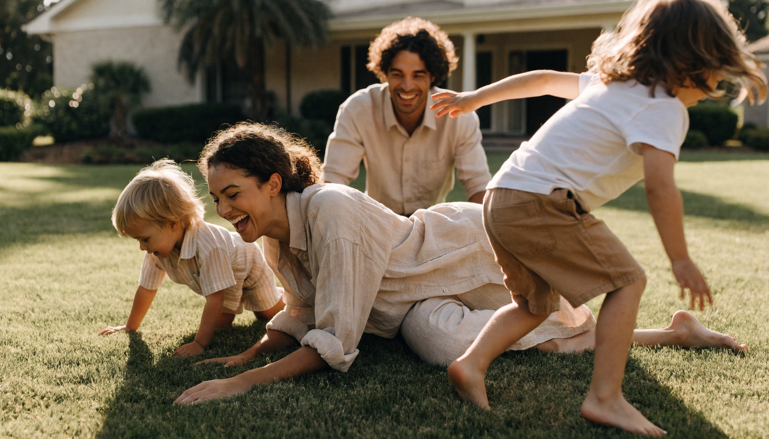A family with two children relaxing barefoot on a soft green lawn in front of a Florida home at morning.