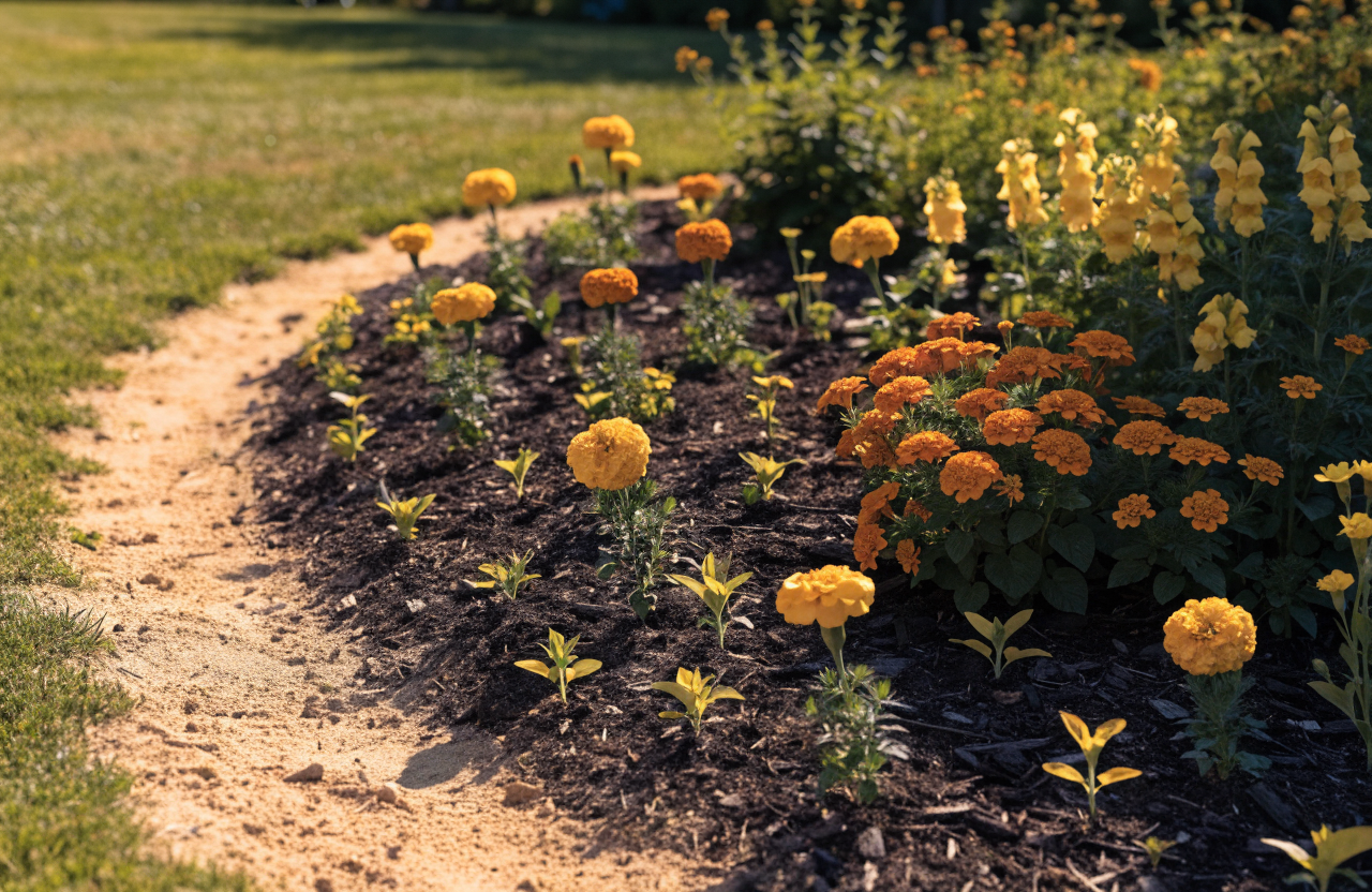 A warm-toned annual flower bed of marigolds and lantana freshly planted in dark mulch.