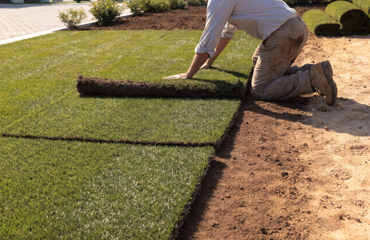 Fresh rolls of green sod being laid over prepared soil, with a worker pressing a seam.