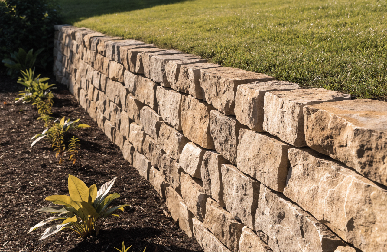 A low dry-stacked stone retaining wall bordering a mulched bed and green lawn.