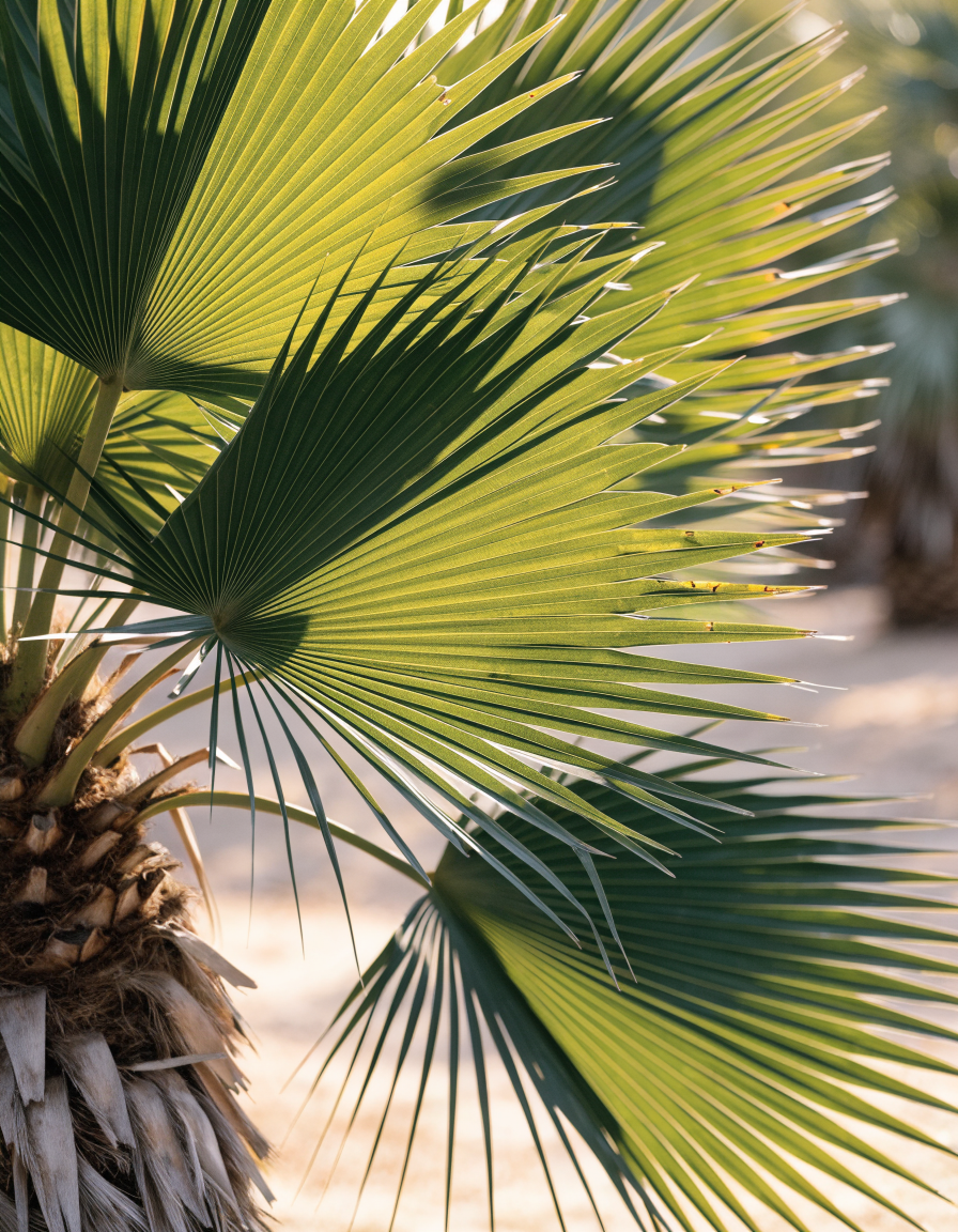 Detail of green sabal palm fronds backlit by warm morning light.