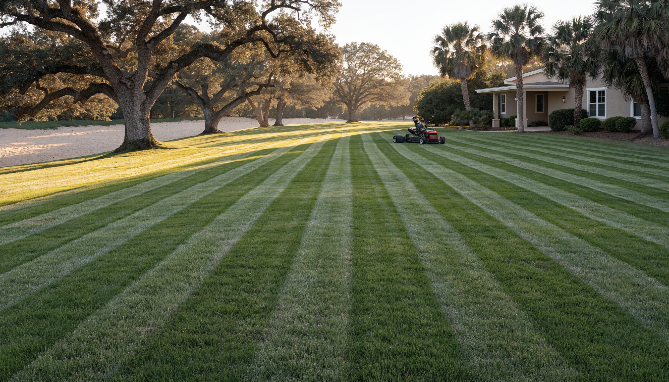 A wide lush green lawn with crisp mowing stripes and a zero-turn mower at work in front of a Florida home.