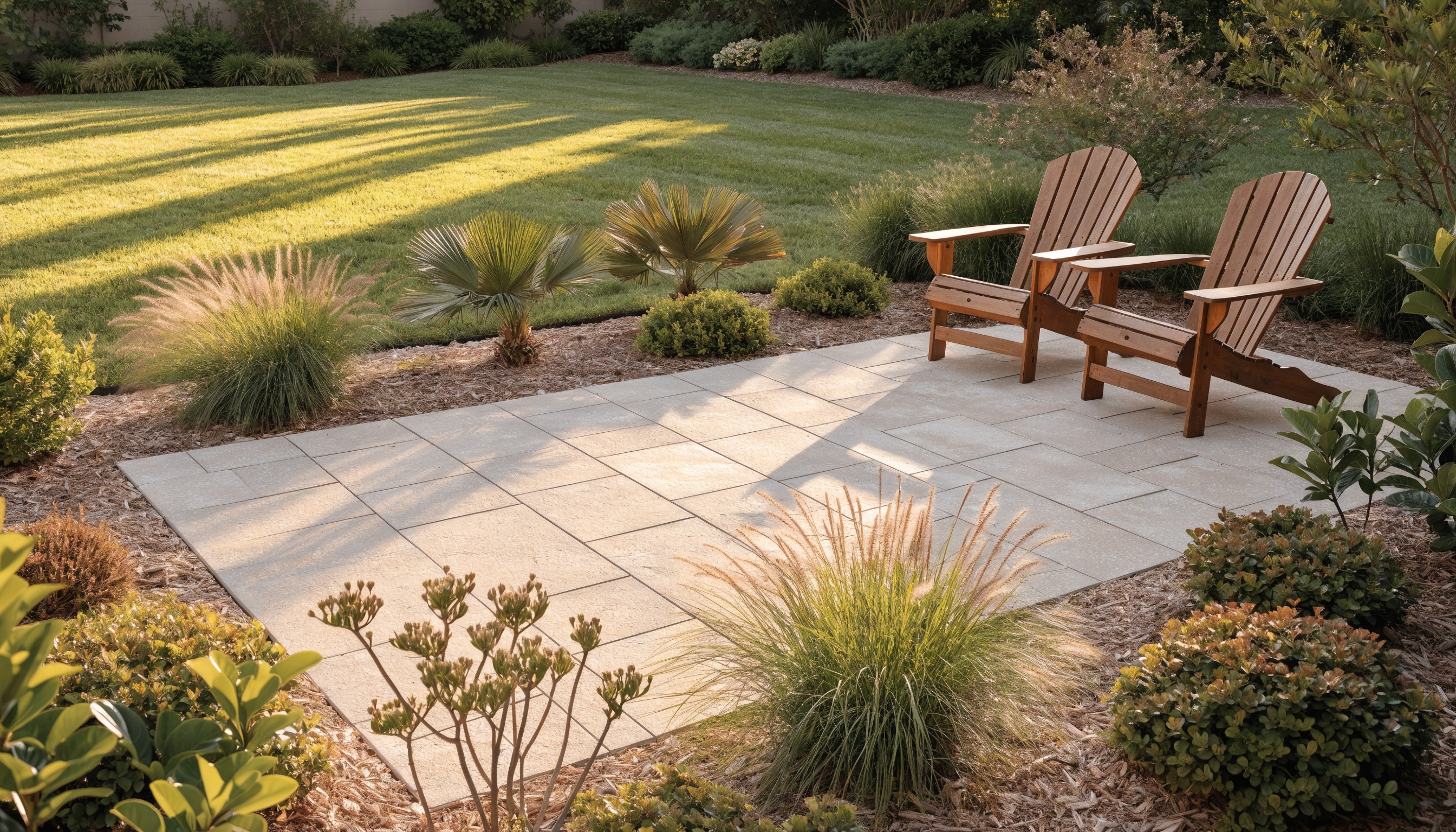 A landscaped Florida backyard with a paver patio, planting beds and a striped green lawn.