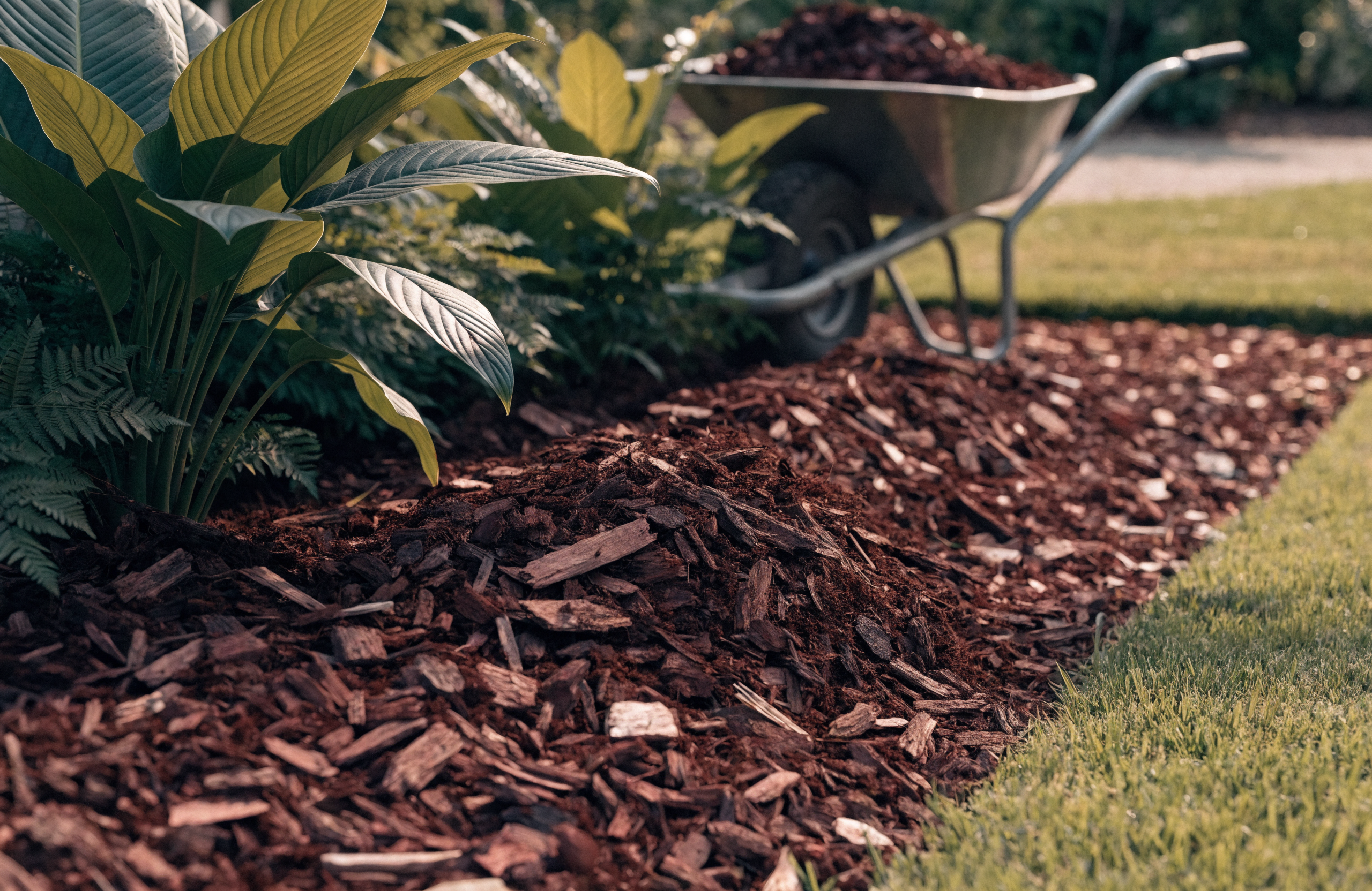 Fresh dark mulch spread in a bed around green tropical plants with a crisp edge against the lawn.