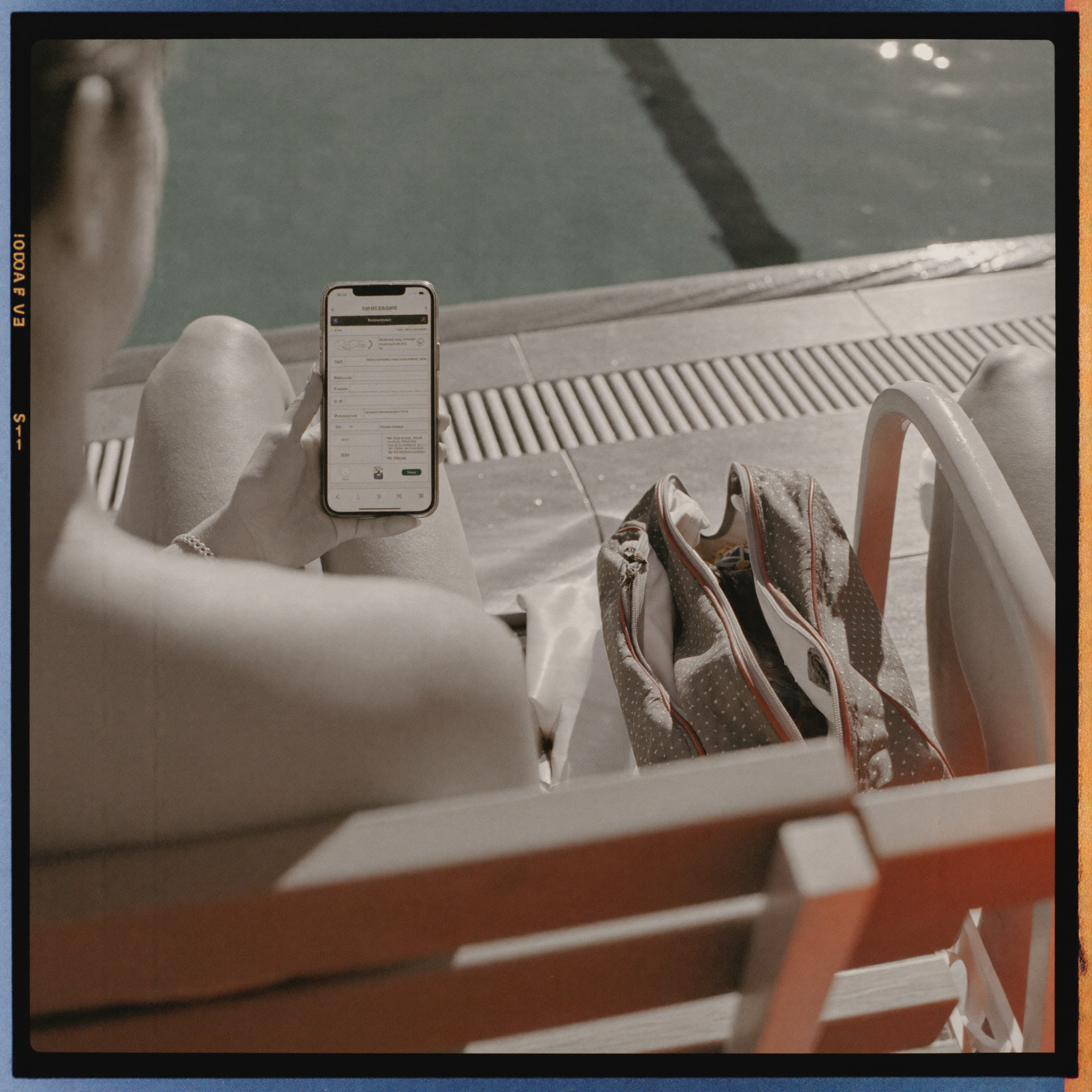 Parent checking a swim class schedule on a phone poolside