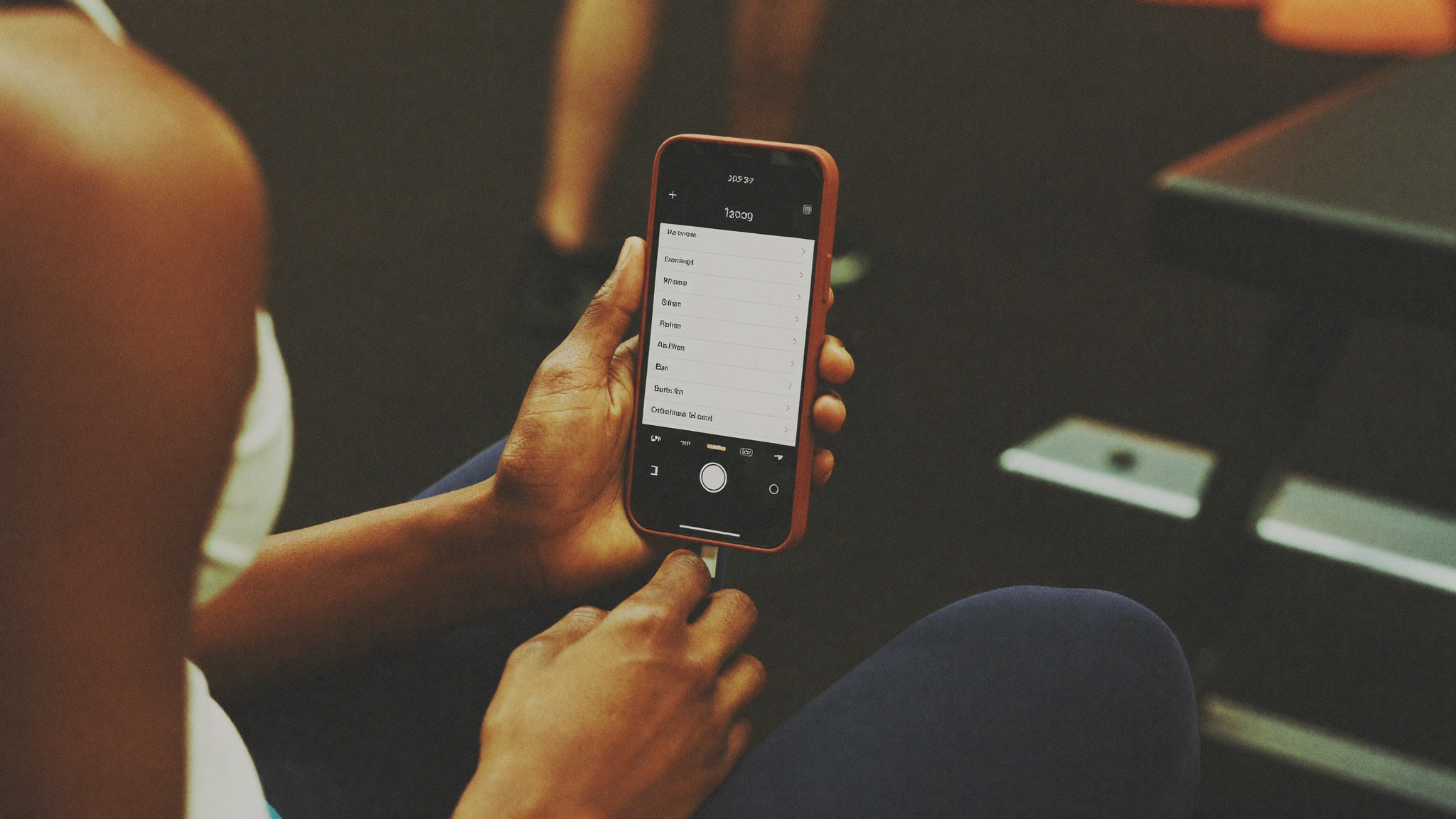 Gym member checking a class booking screen on a phone near the equipment floor
