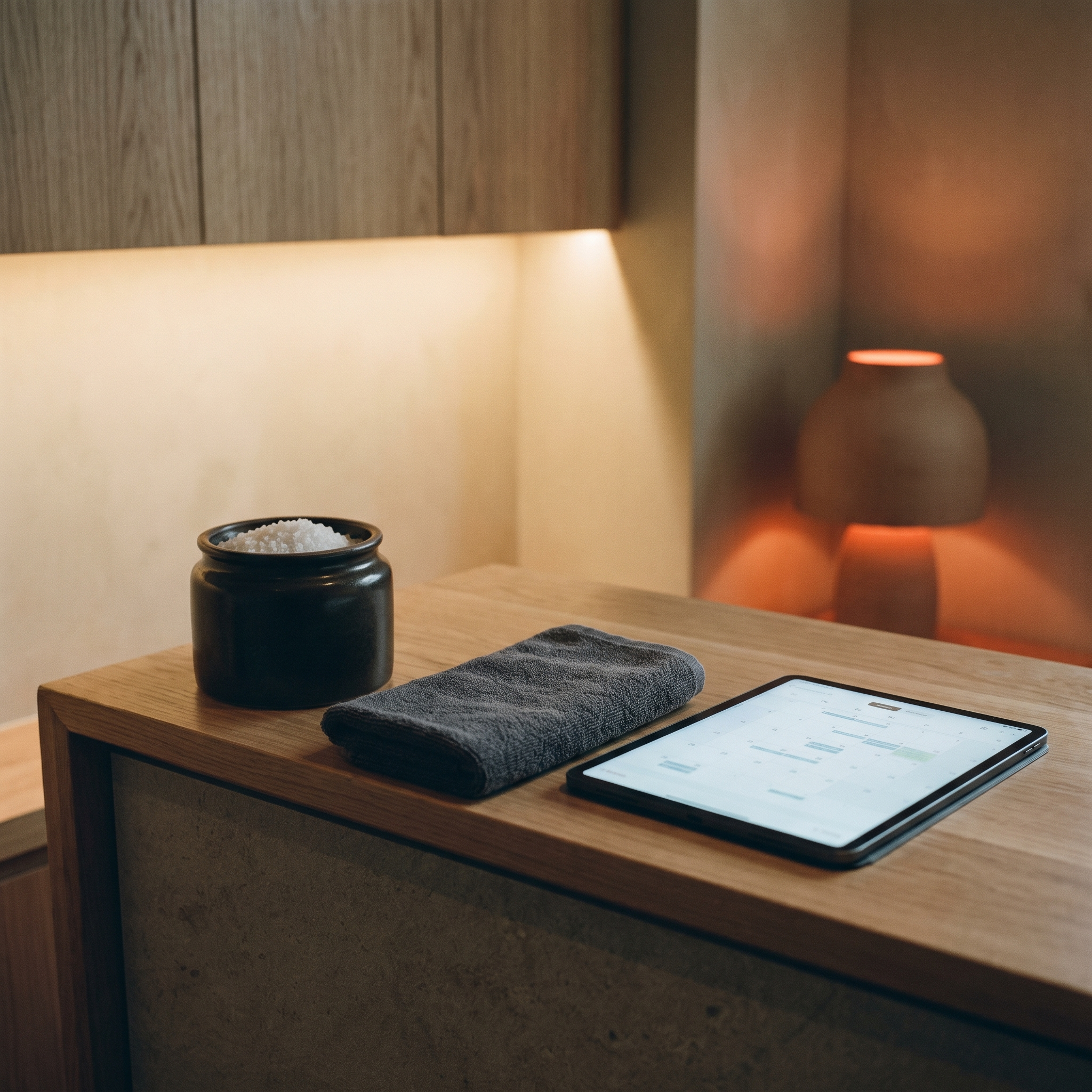 Float tank spa reception counter with a tablet showing the online booking calendar