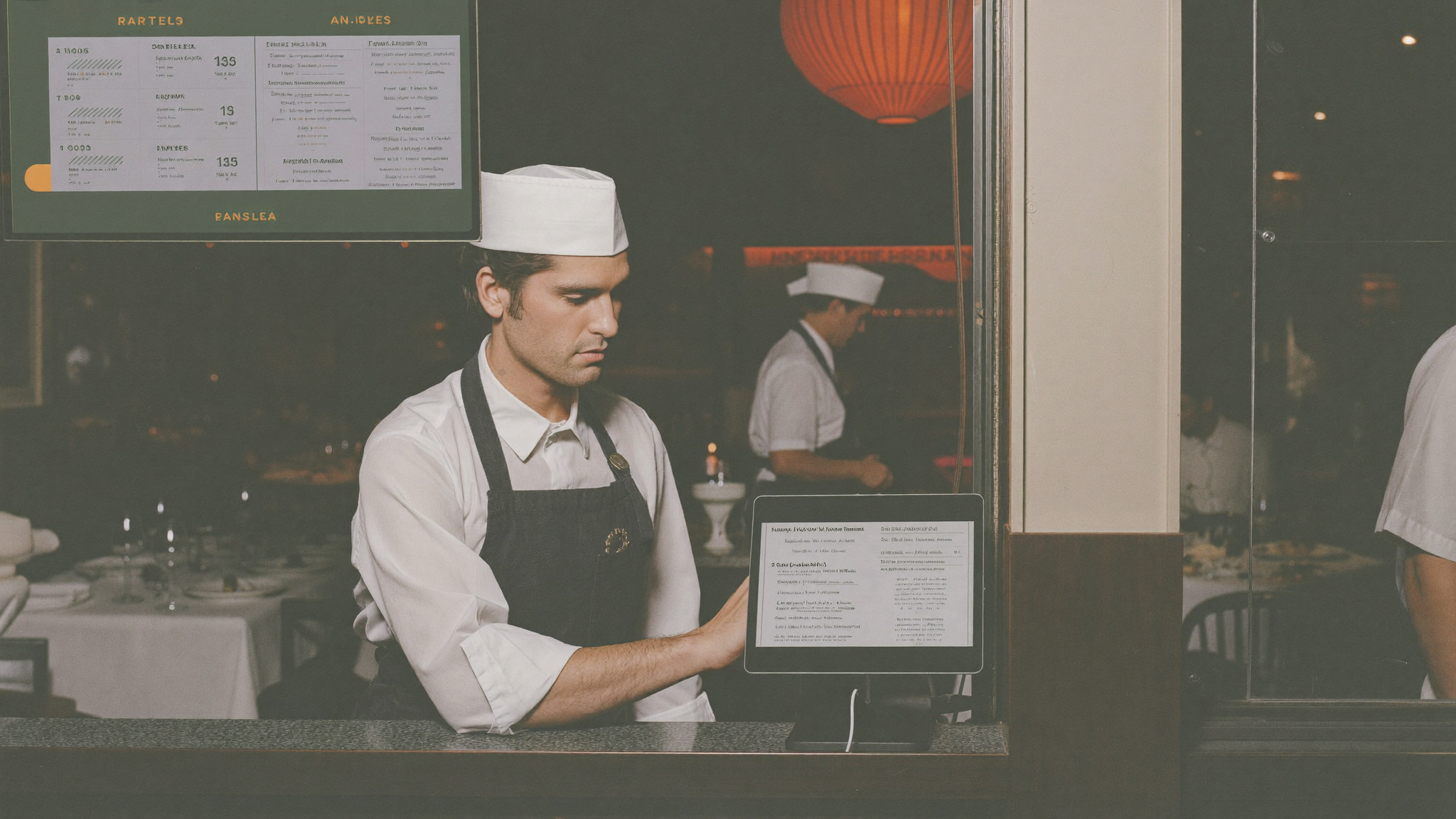 Restaurant host checking a reservation list on a tablet at a hostess stand