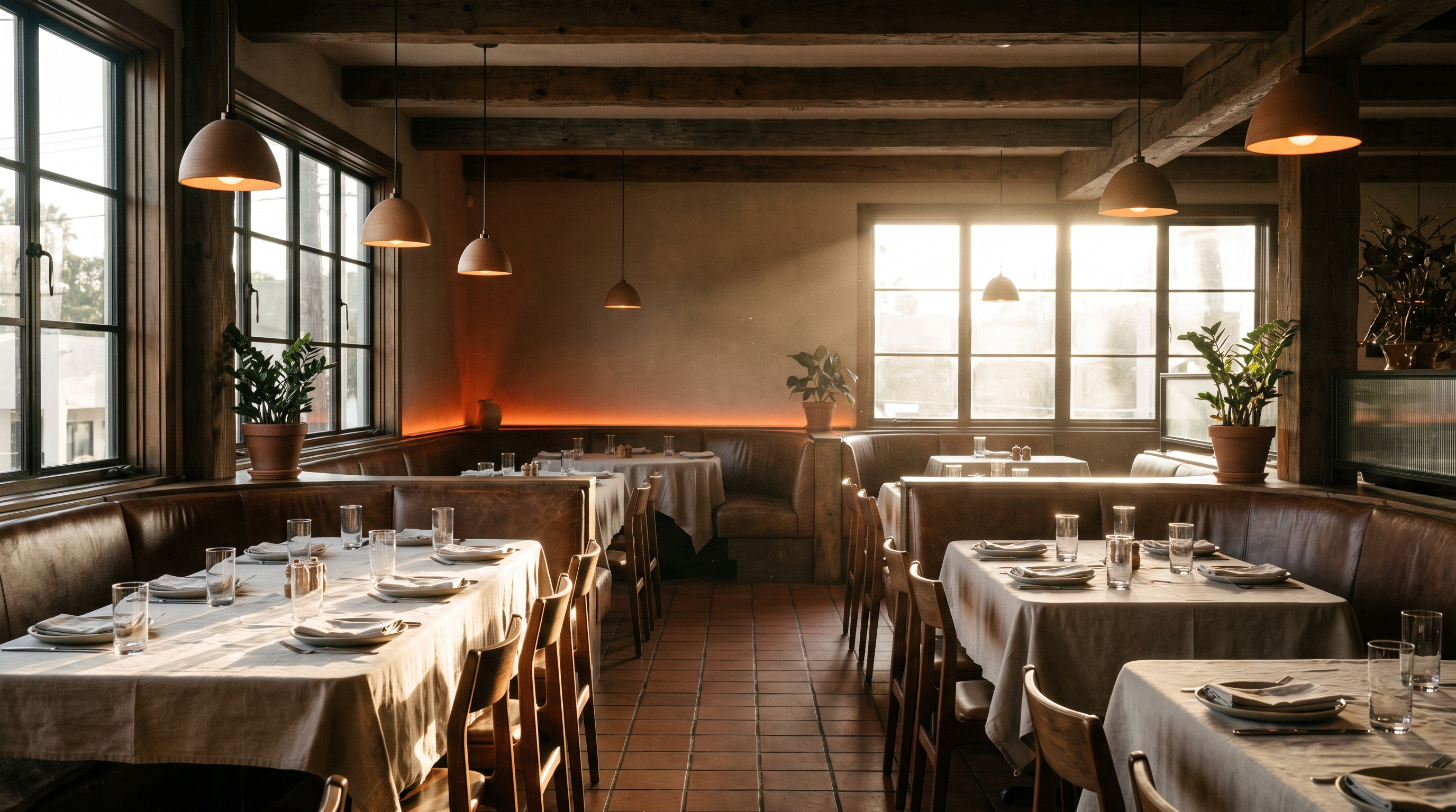 Web designer restaurant LA project showing an intimate dining room at golden hour built for online bookings