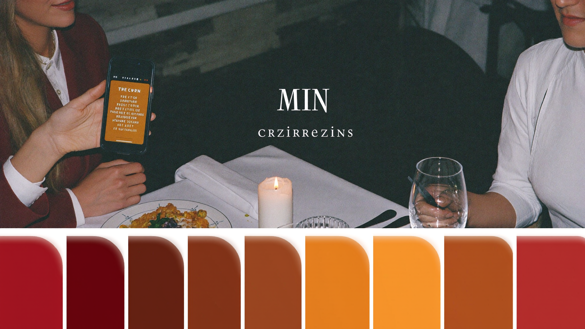Diners at a candlelit table, one holding a phone with a reservation confirmation