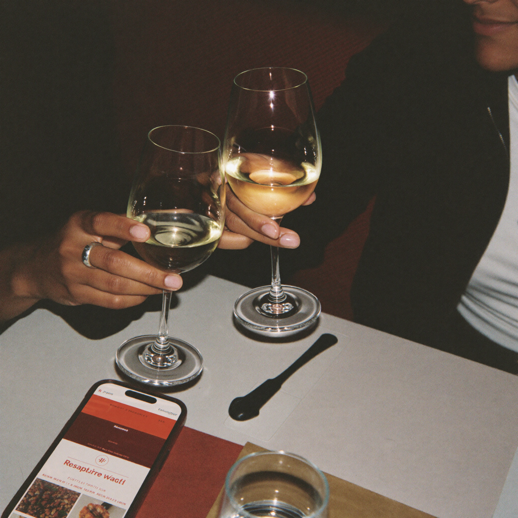 Two friends clinking wine glasses at a restaurant table with a phone showing the restaurant's website