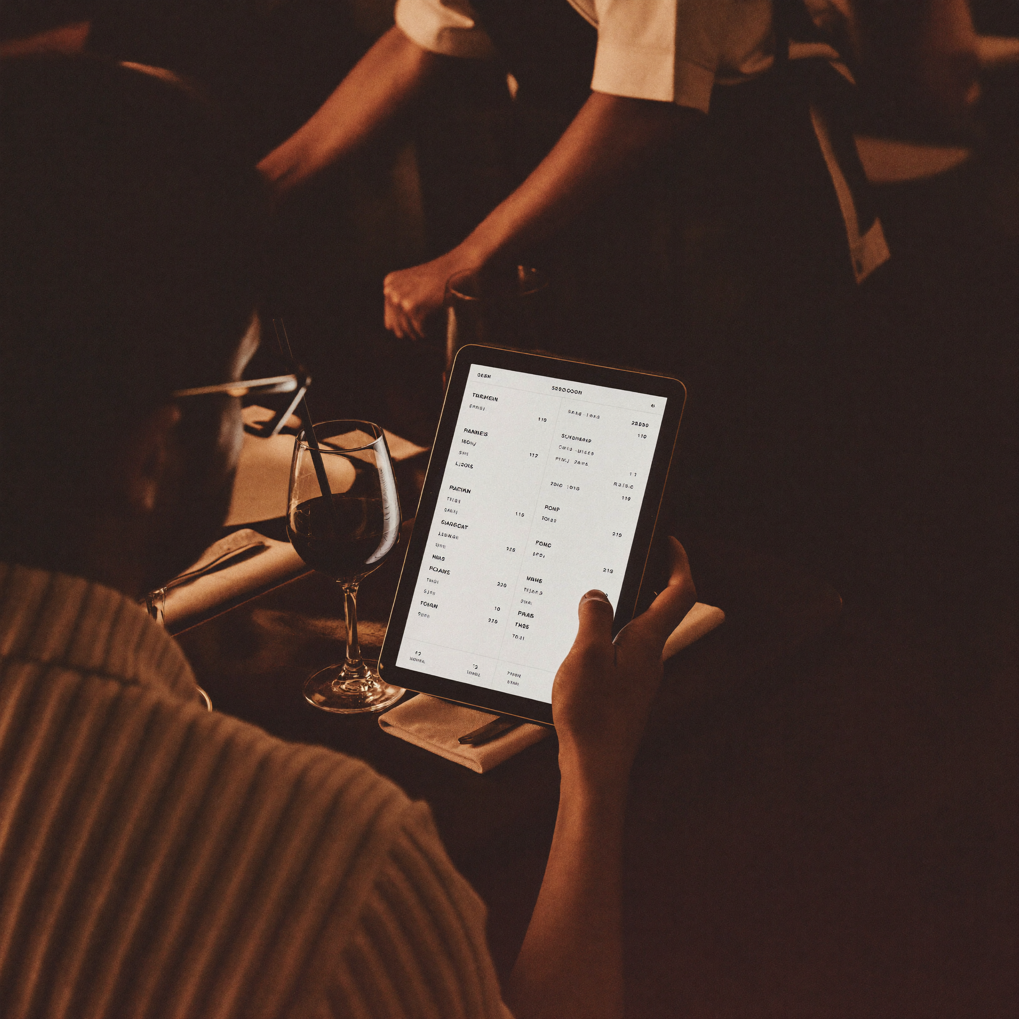 Restaurant server taking an order on a handheld tablet at a table