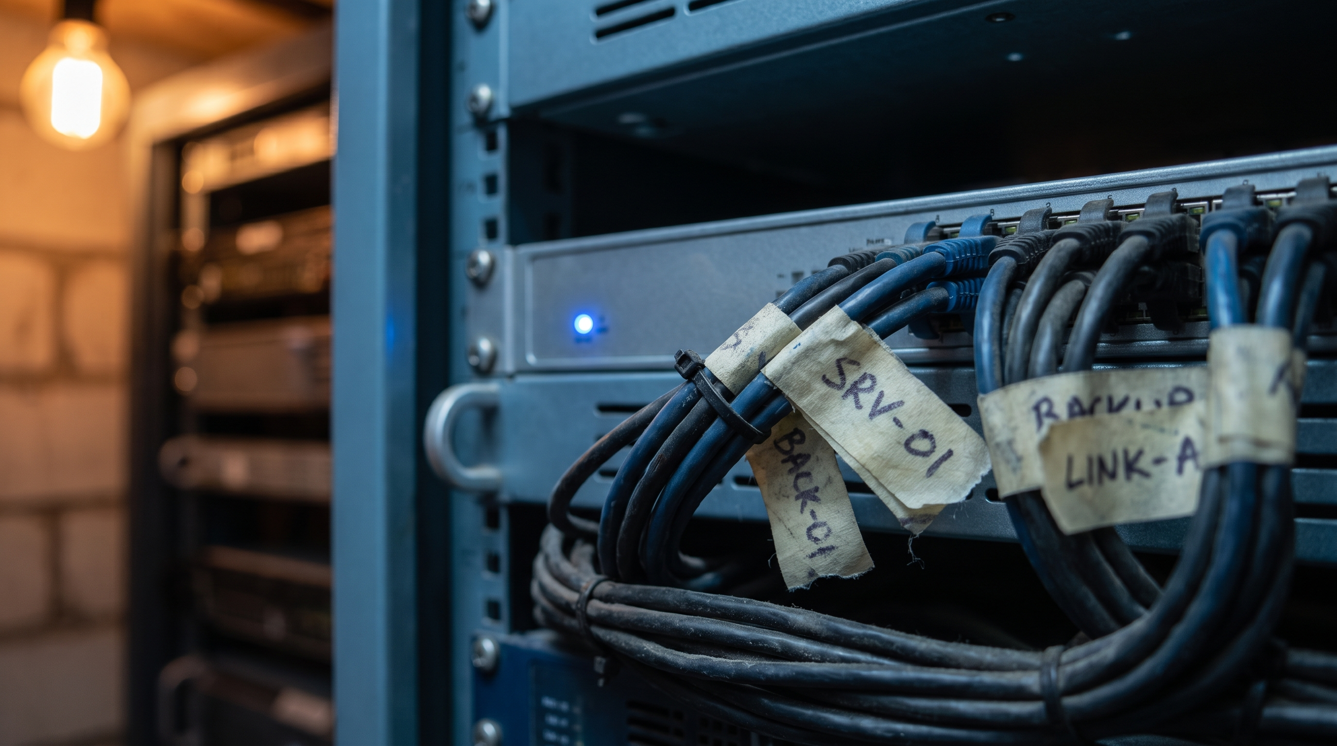 A small server rack with a single status light, the unglamorous reality of website hosting costs