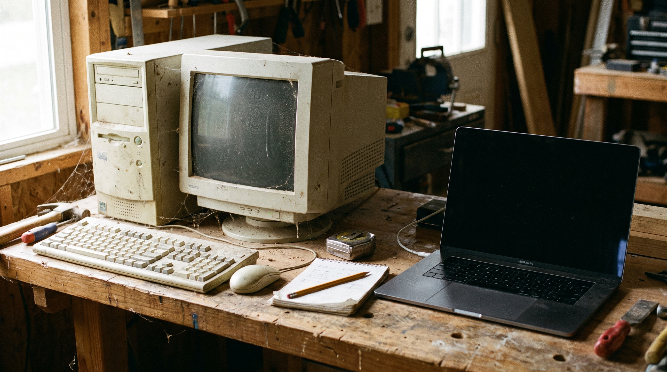 An old beige desktop computer beside a modern laptop, weighing website redesign cost against ongoing maintenance