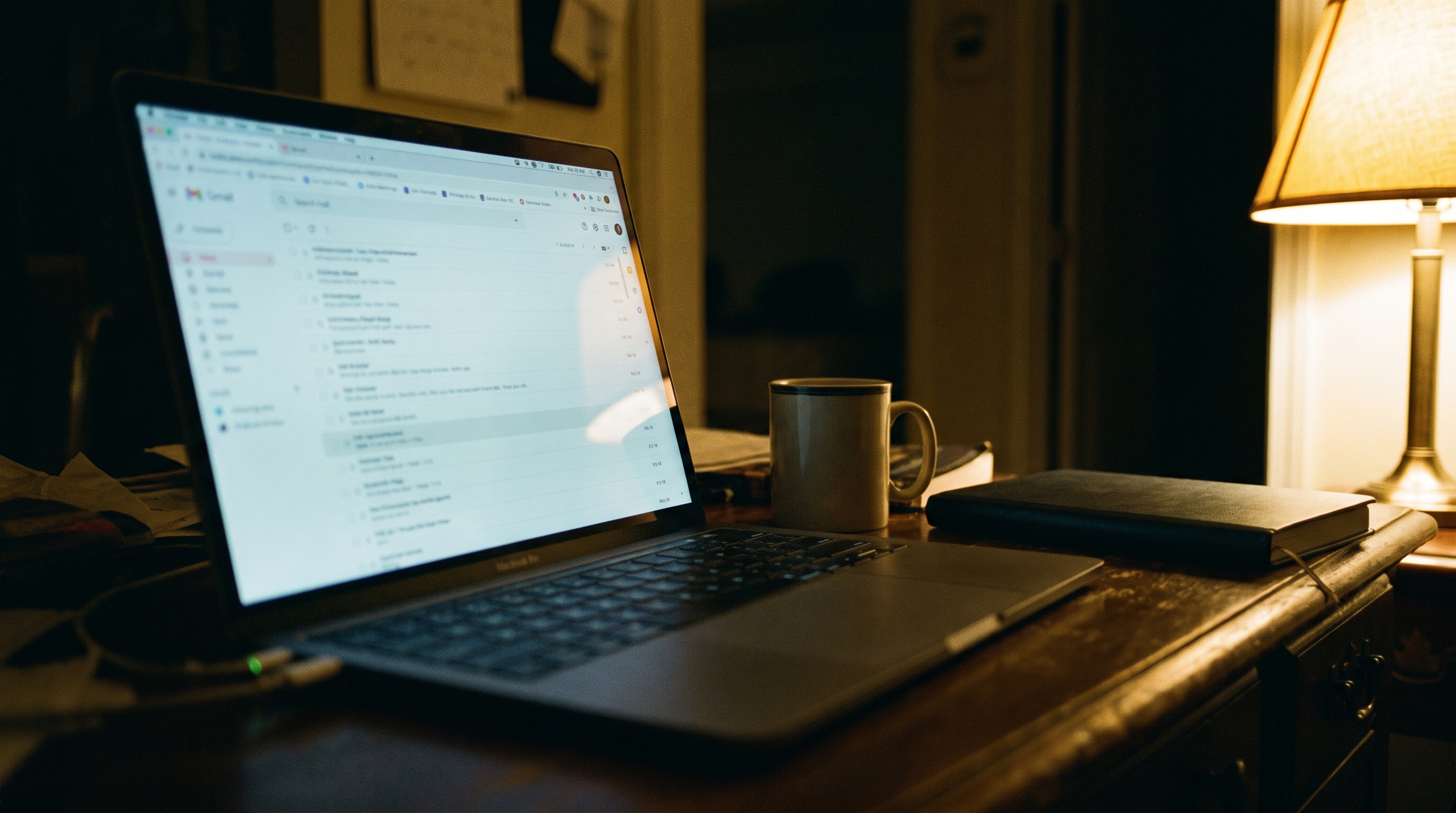 A laptop glowing at night showing a long list of pending software updates, the reality of WordPress maintenance