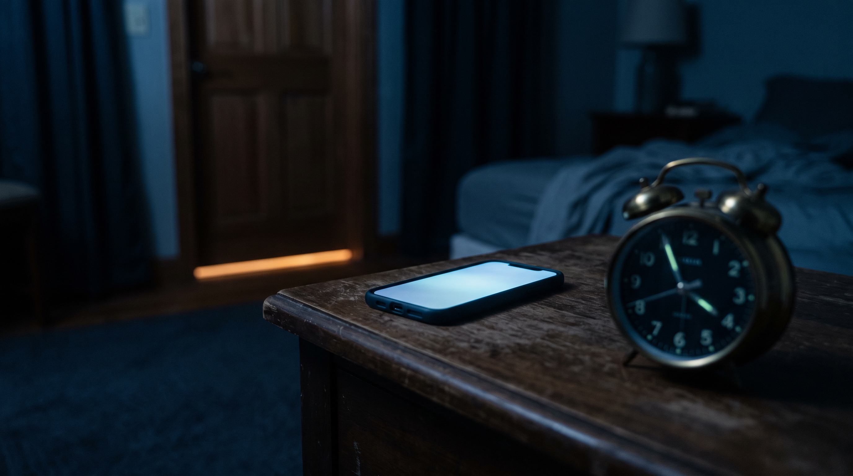 A phone glowing on a bedside table beside an alarm clock in the early hours, the moment website monitoring is meant to matter