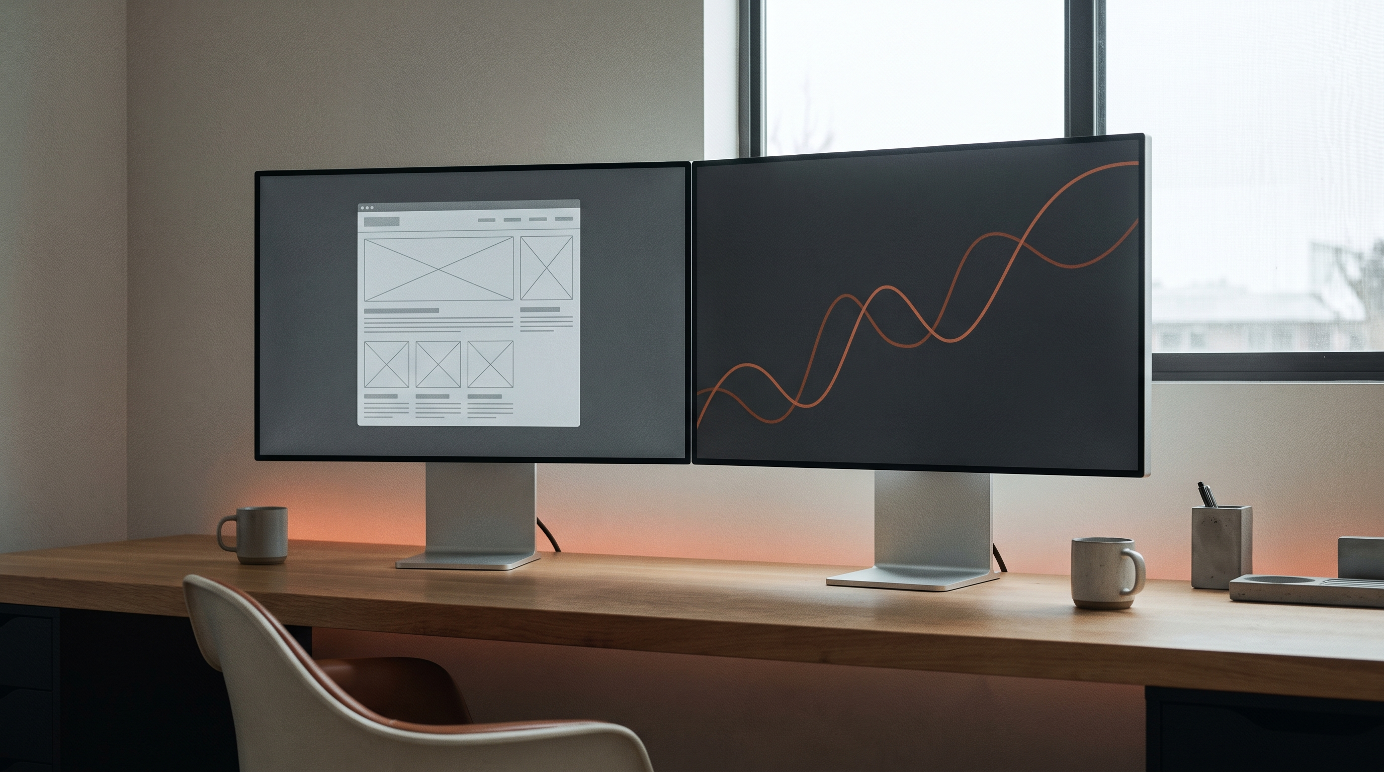 Web design and SEO project shown as two monitors side by side, one displaying a website wireframe and the other a rising line graph