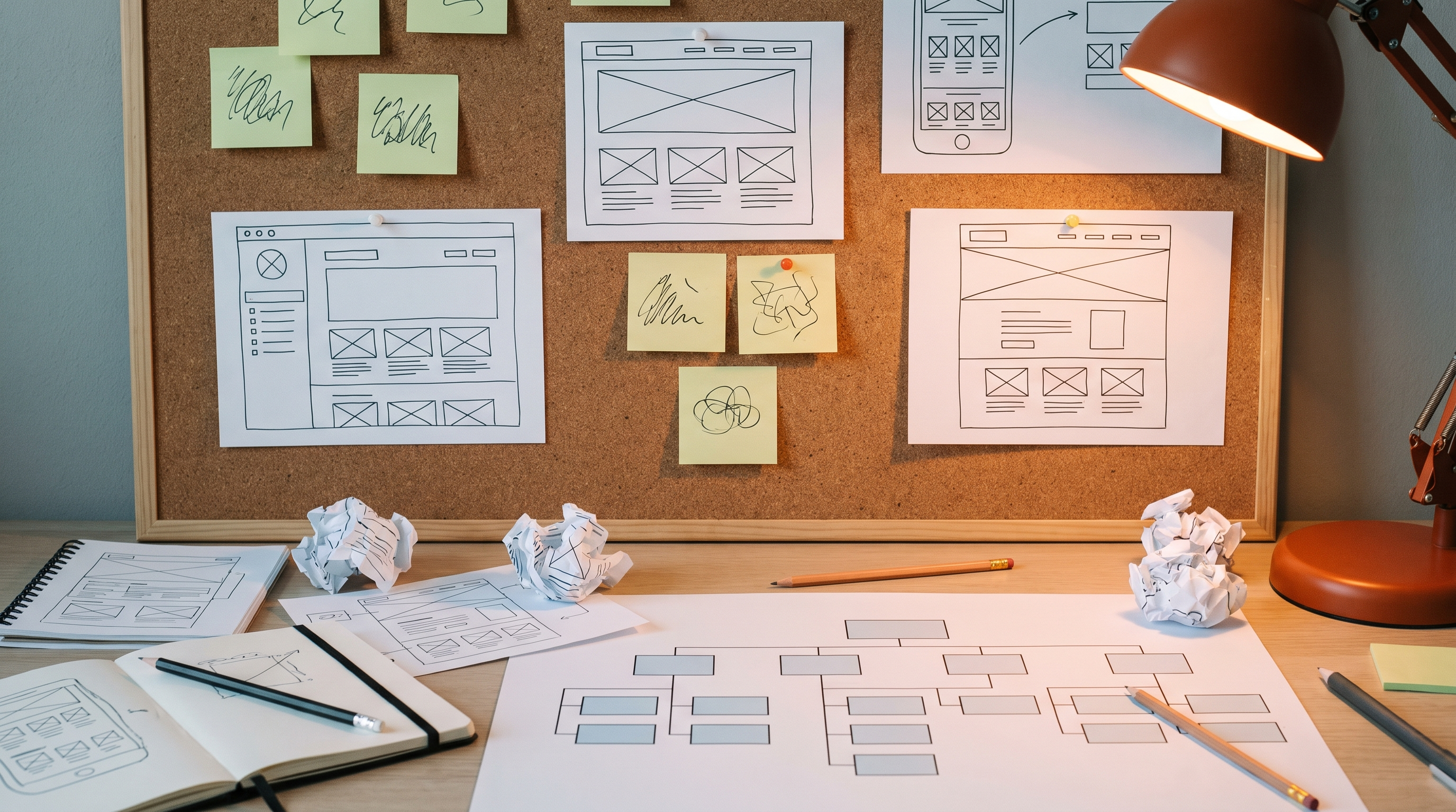 Corkboard of hand-sketched website wireframes and a printed sitemap diagram, the kind of planning that prevents local SEO audit findings later