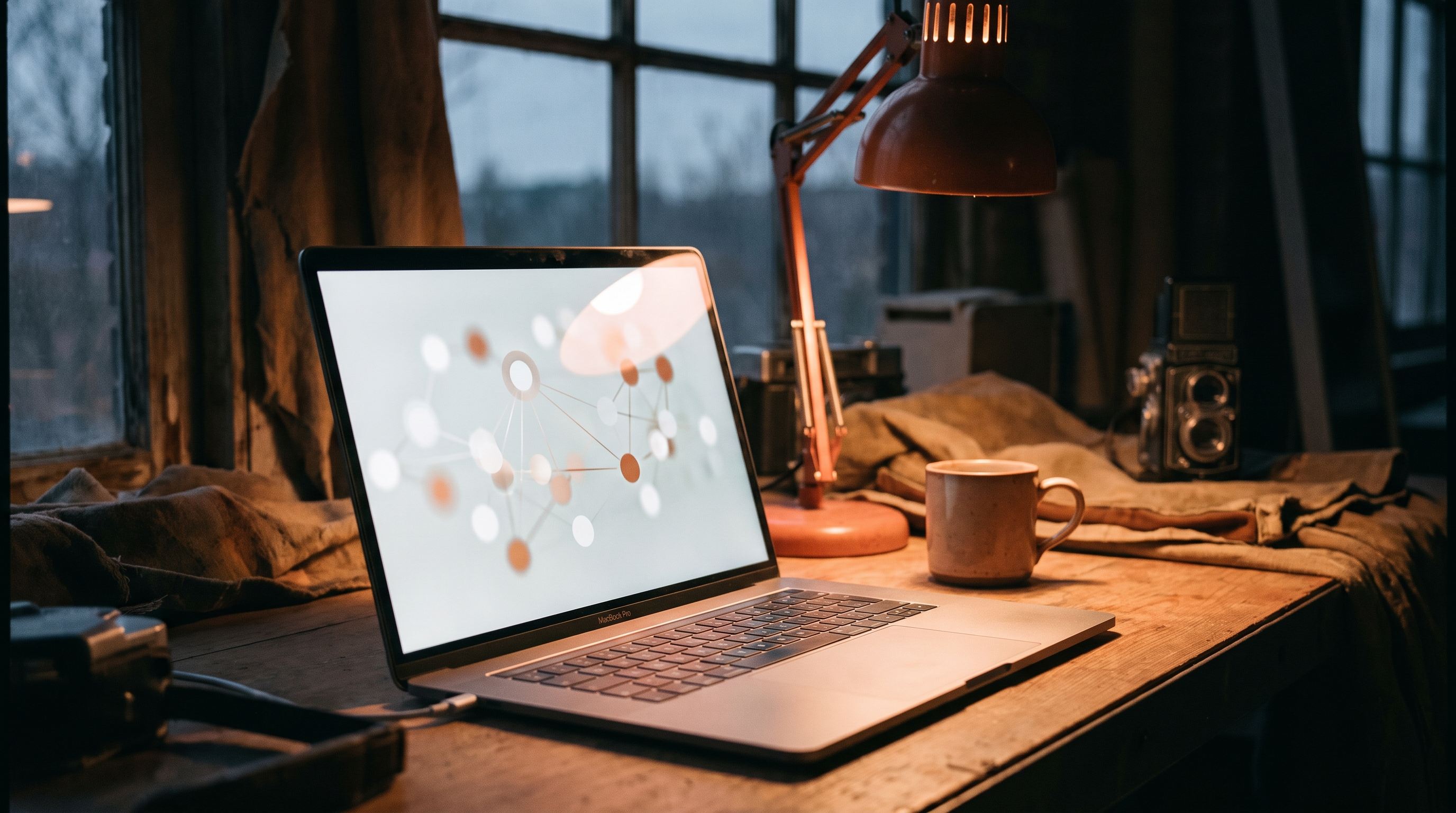 Laptop glowing at dusk with an abstract network diagram on screen, representing the structured data behind web design and SEO