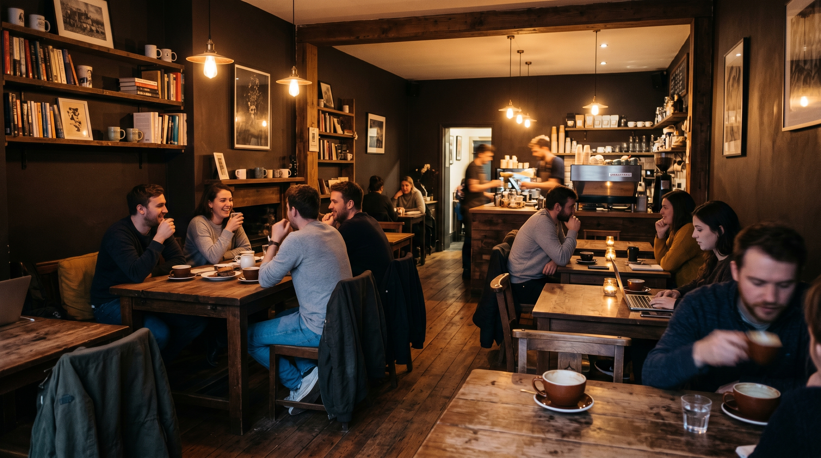 Warm interior of The Devil's Roast coffee shop in Glasgow with wooden tables and pendant lighting