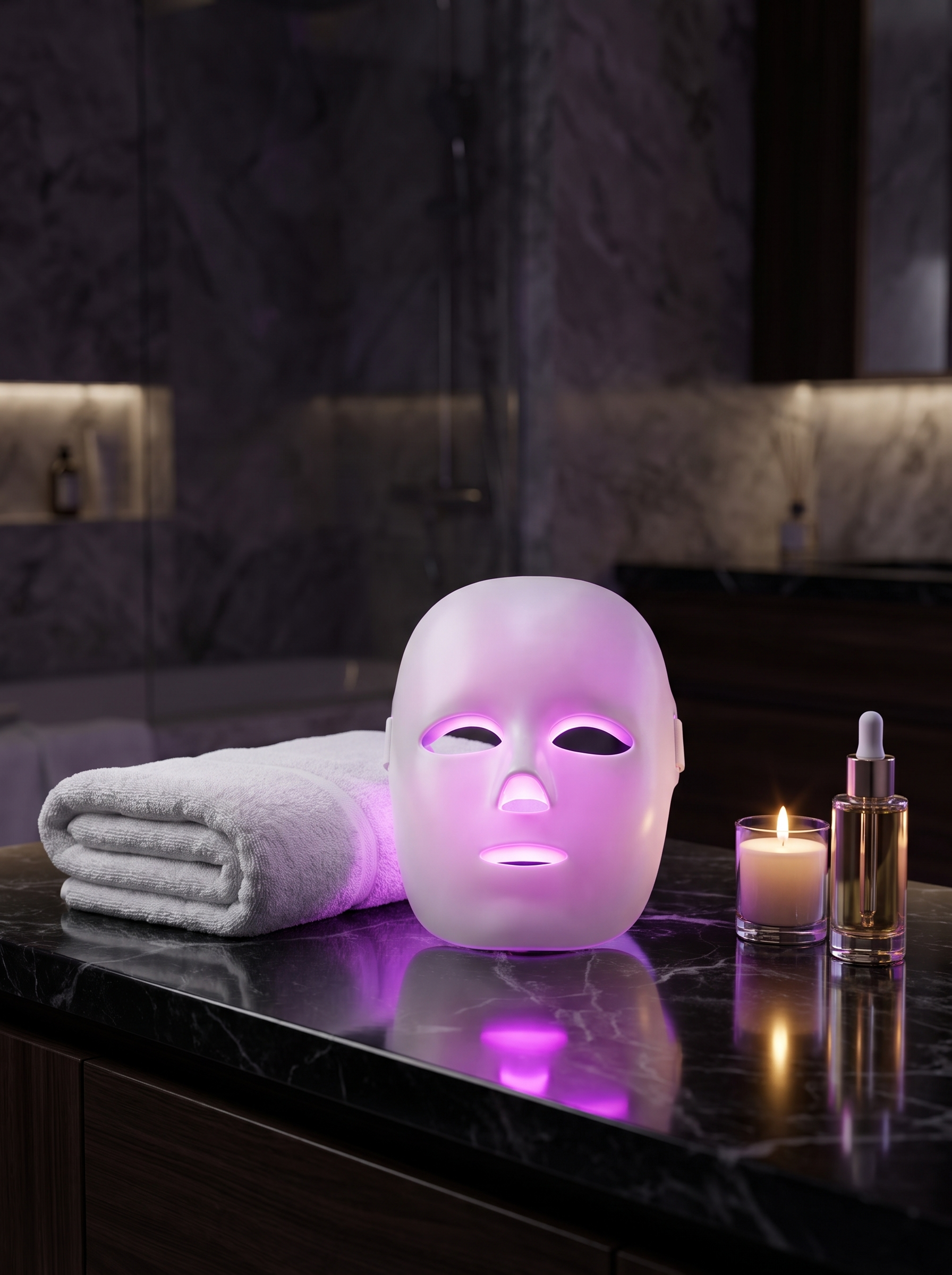 Lumen white LED face mask on vanity with luxury skincare products