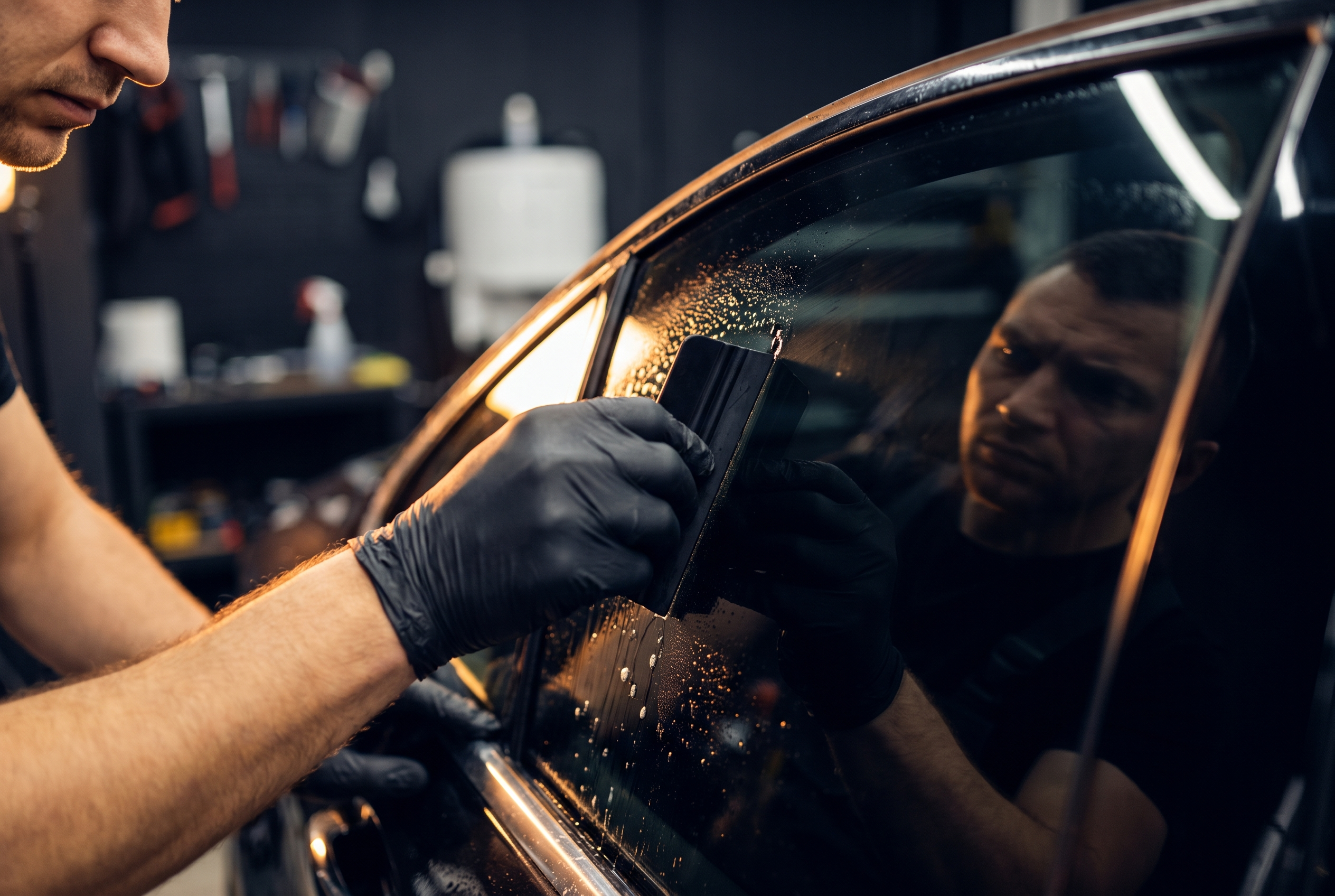 Técnico instalando film de polarizado con precisión sobre la ventana de un auto