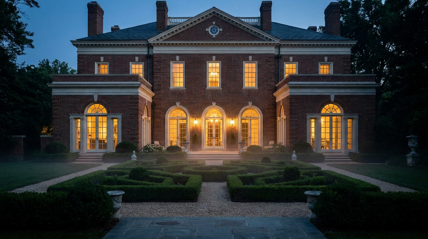 A stately Washington residence at dusk, lamplight in the windows above a boxwood garden