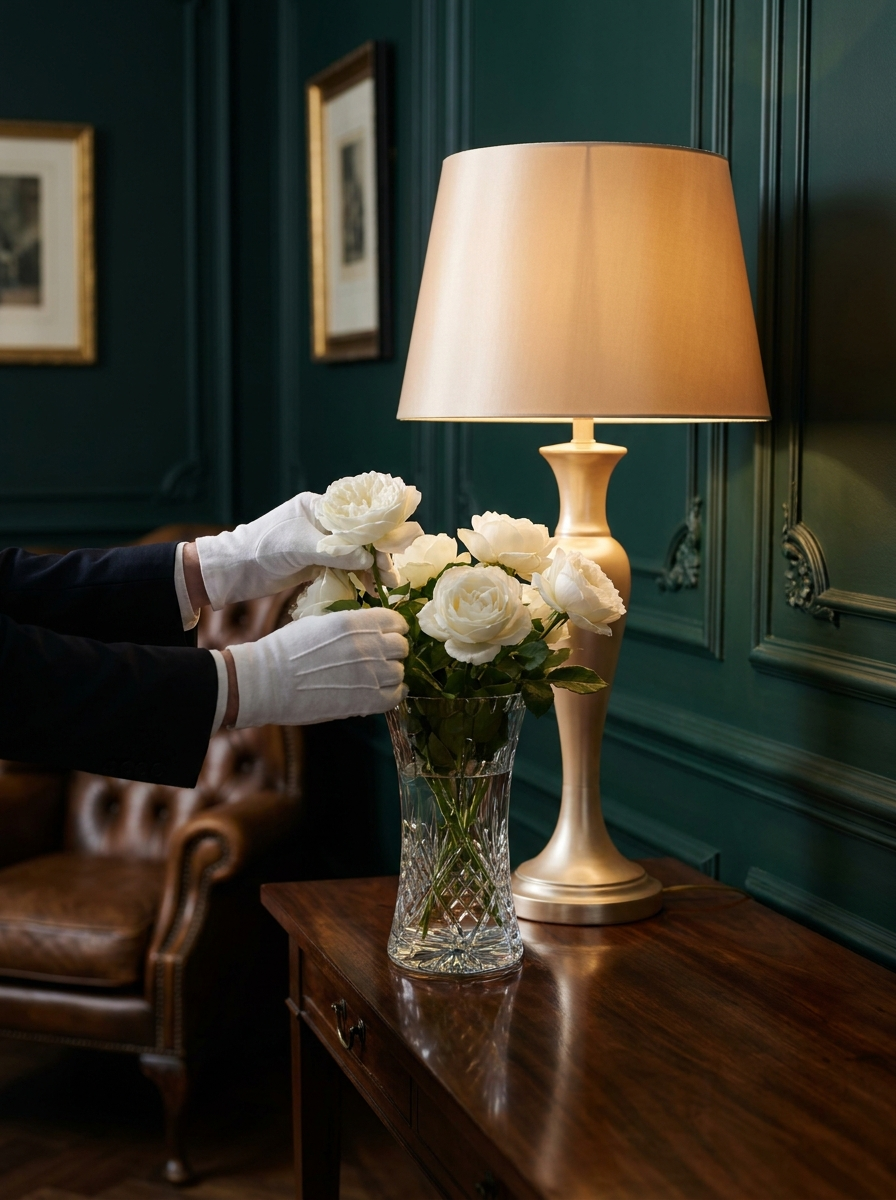 Gloved hands arranging garden roses on a hall table