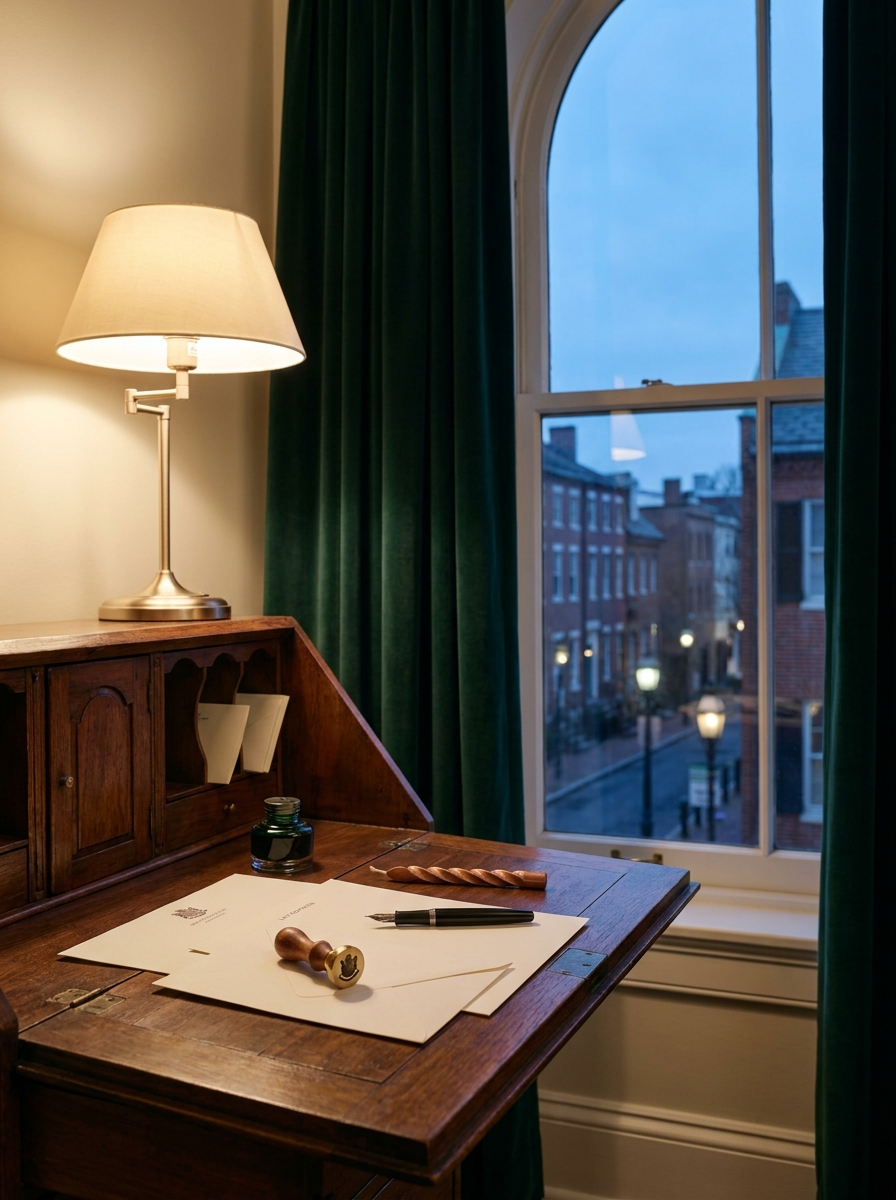 A writing desk with stationery, sealing wax, and a brass seal by a dusk window