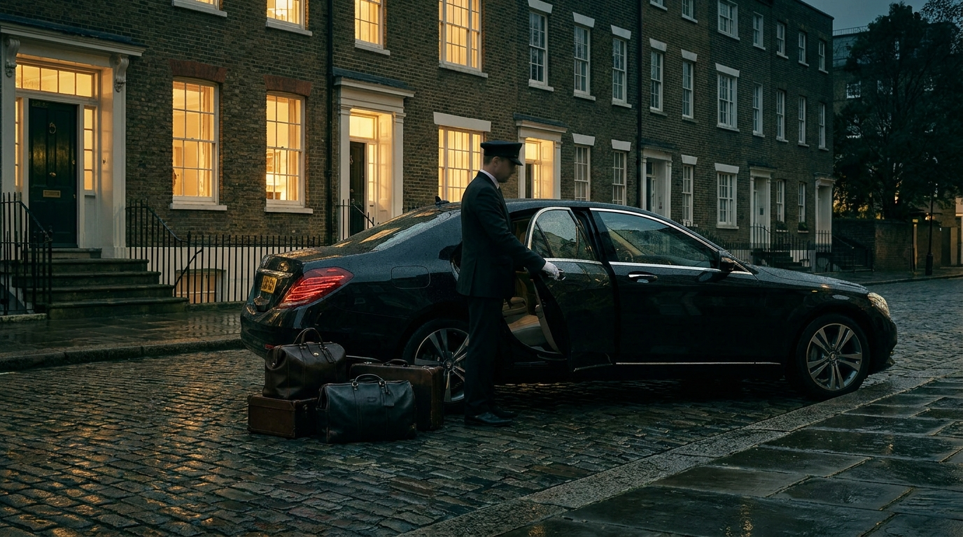 A chauffeur holding a sedan door on a Georgetown street at dusk