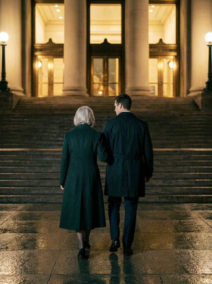 Two figures ascending museum steps in evening light