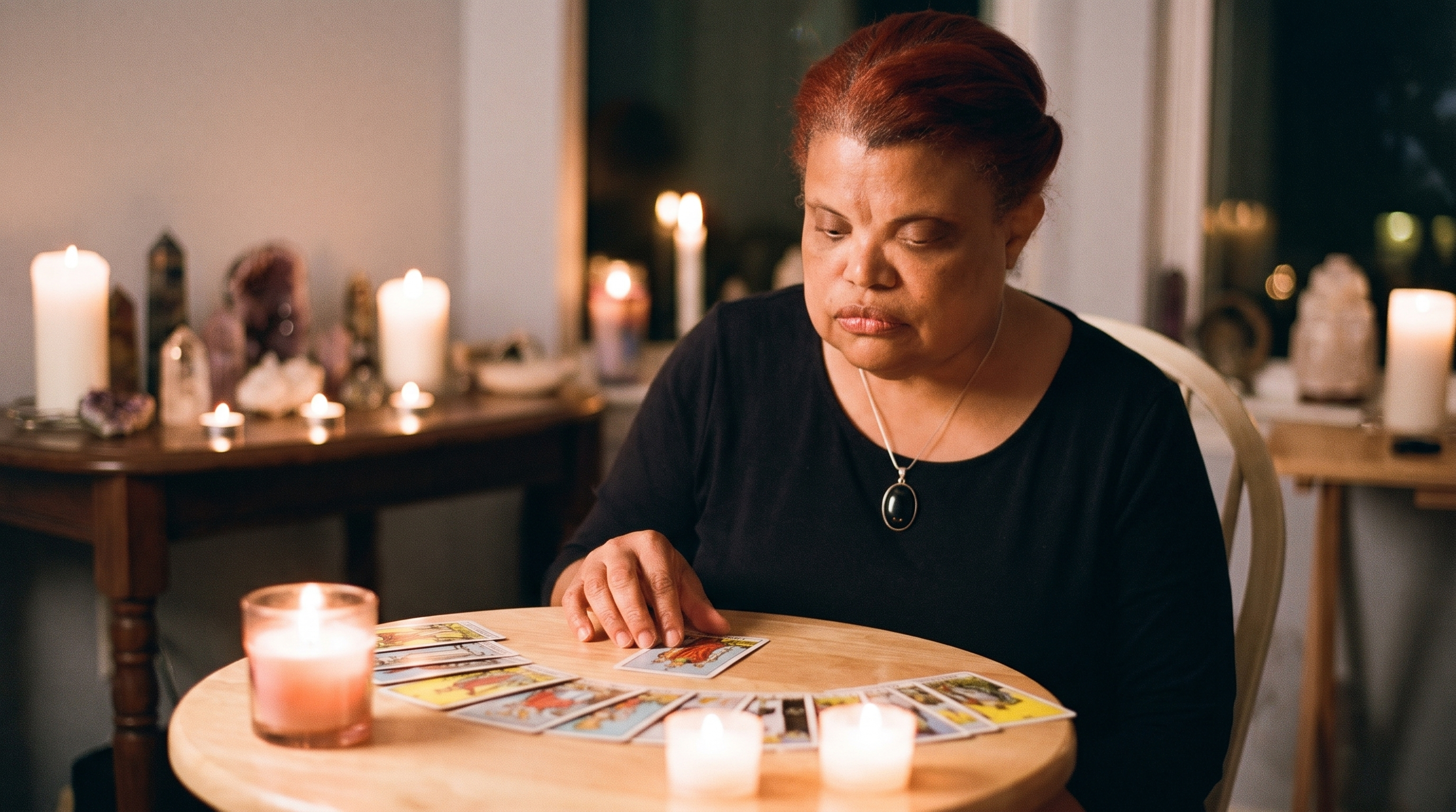 Cherise Pollard — Ma'hara — seated at a candlelit table with tarot cards spread before her
