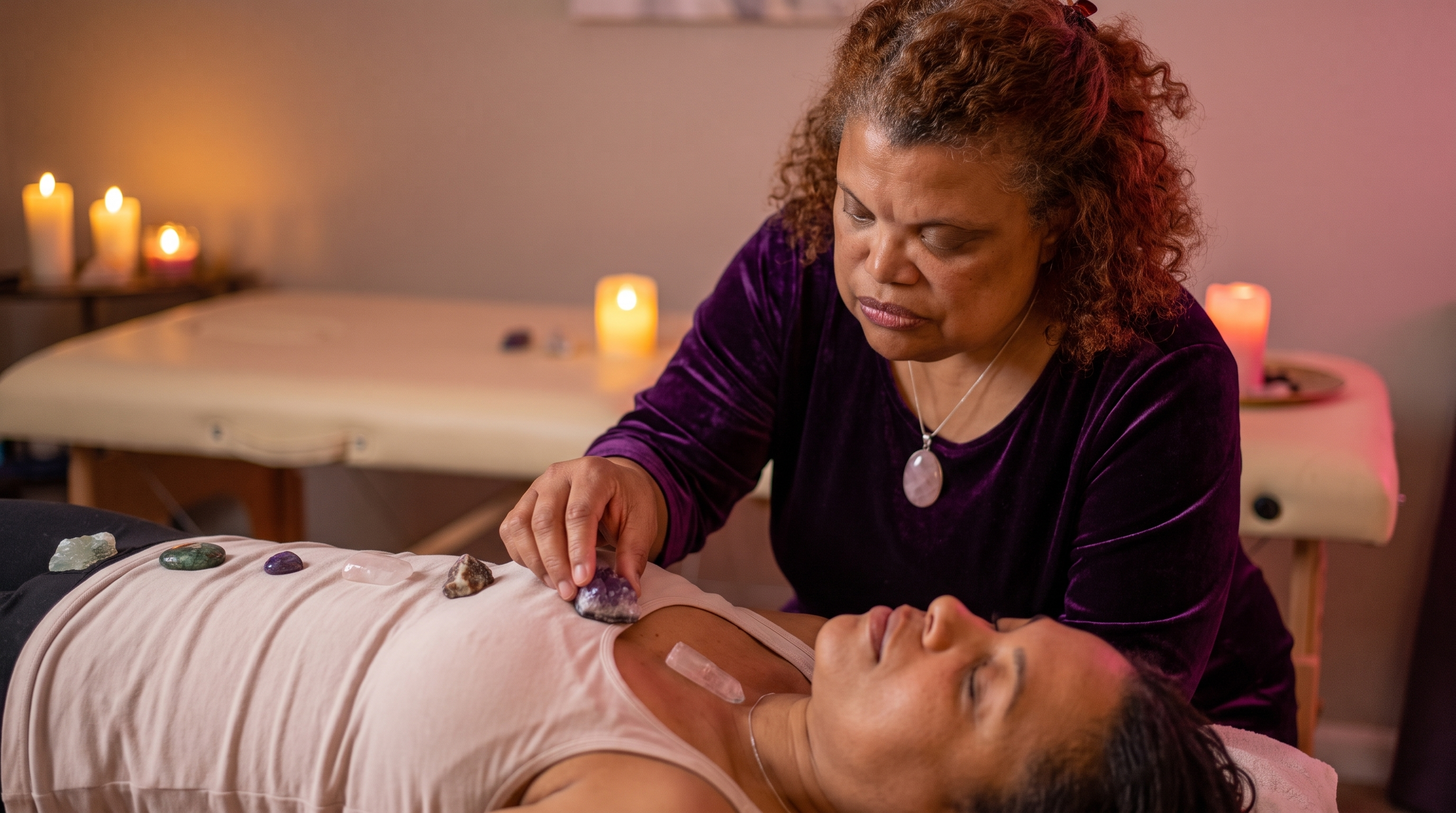 Cherise Pollard — Ma'hara — laying crystals across a client during a candlelit crystal-healing session