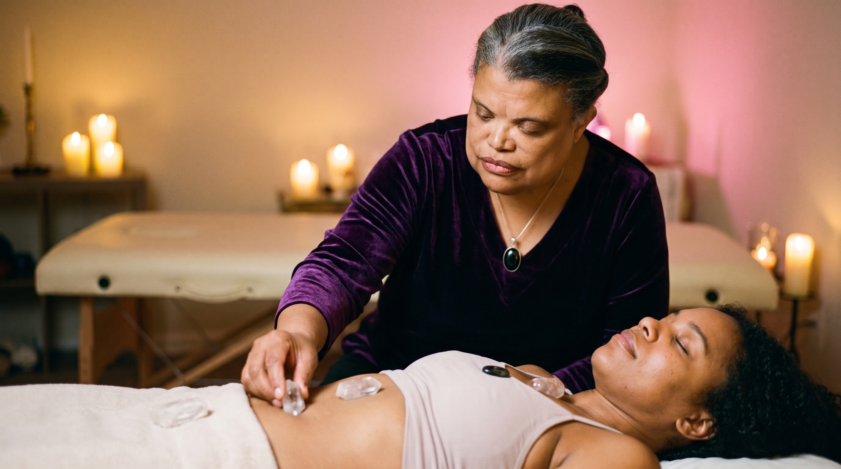 Cherise Pollard — Ma'hara — administering a private crystal-layout session, candlelit