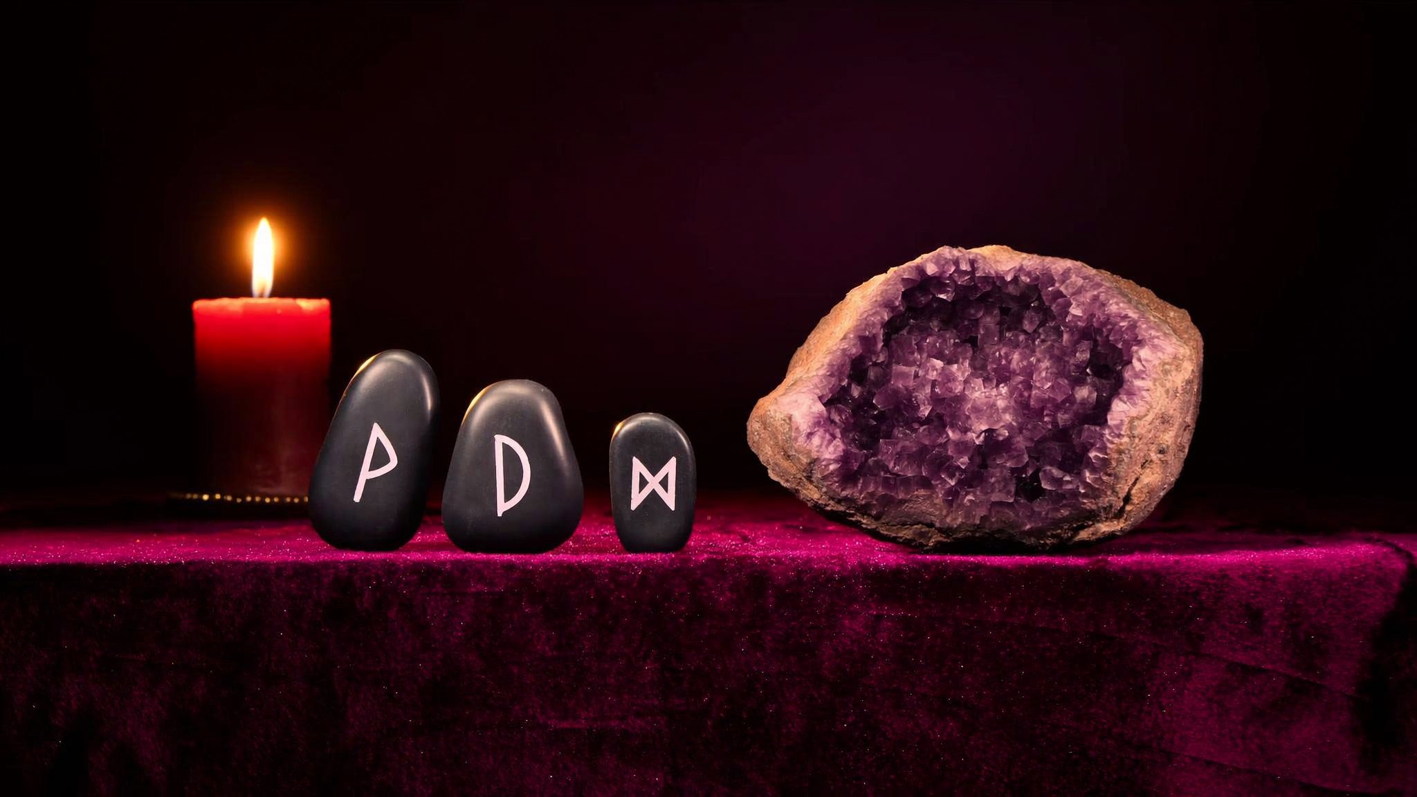 Rune stones and a raw amethyst geode on plum velvet in candlelight