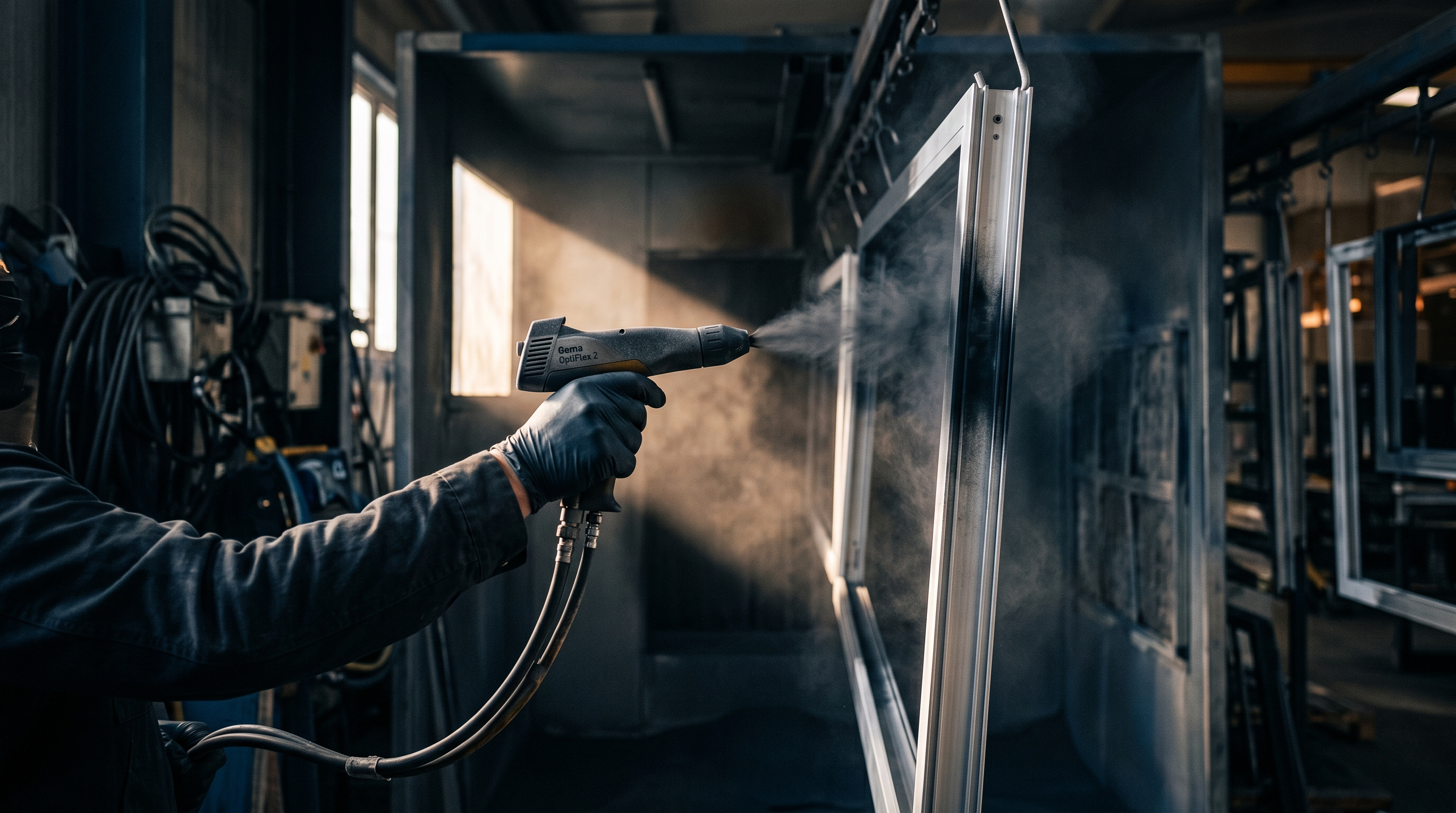 Aplicación de pintura electrostática en polvo sobre un perfil de aluminio arquitectónico dentro del taller