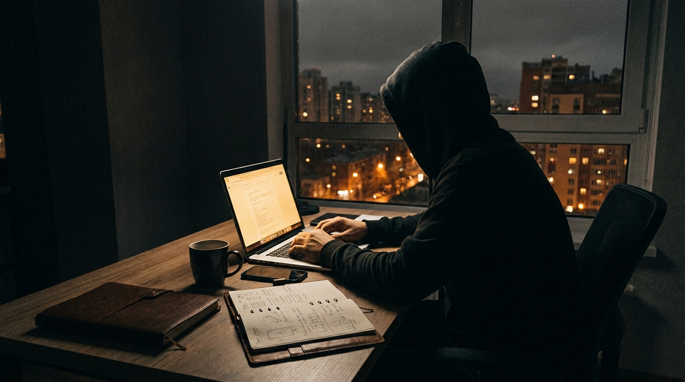 Late night workspace with a laptop glowing over a dark city skyline