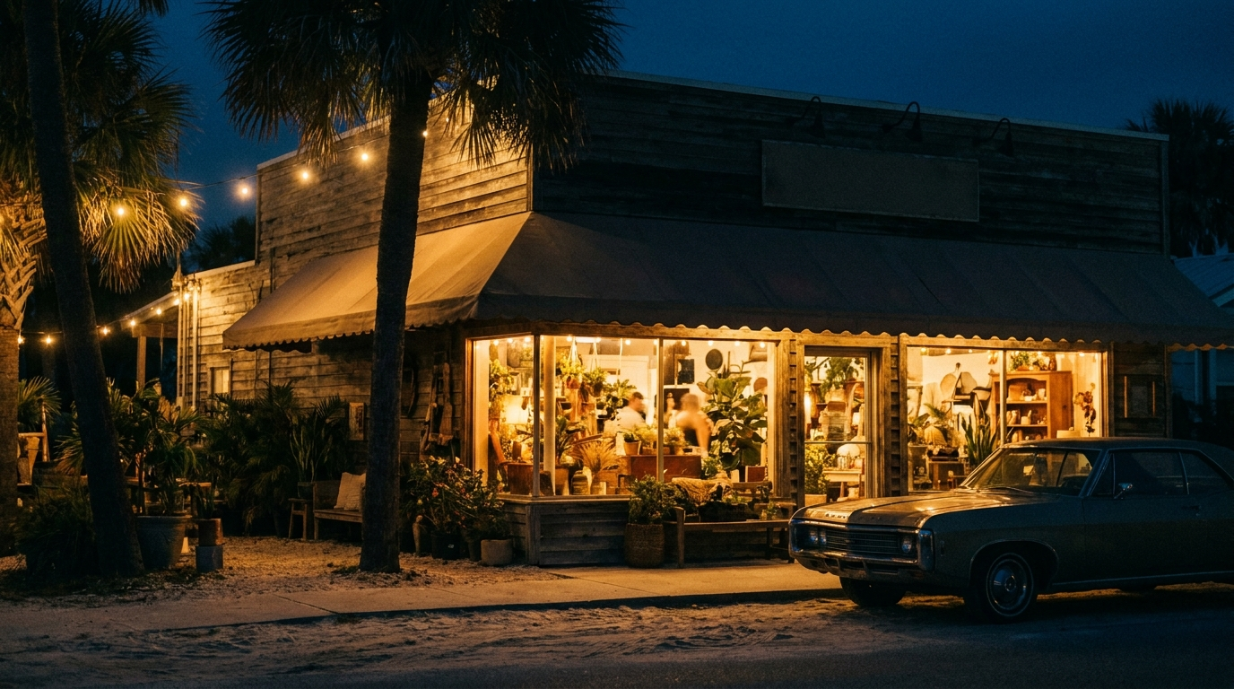 Local storefront glowing with warm golden light at dusk