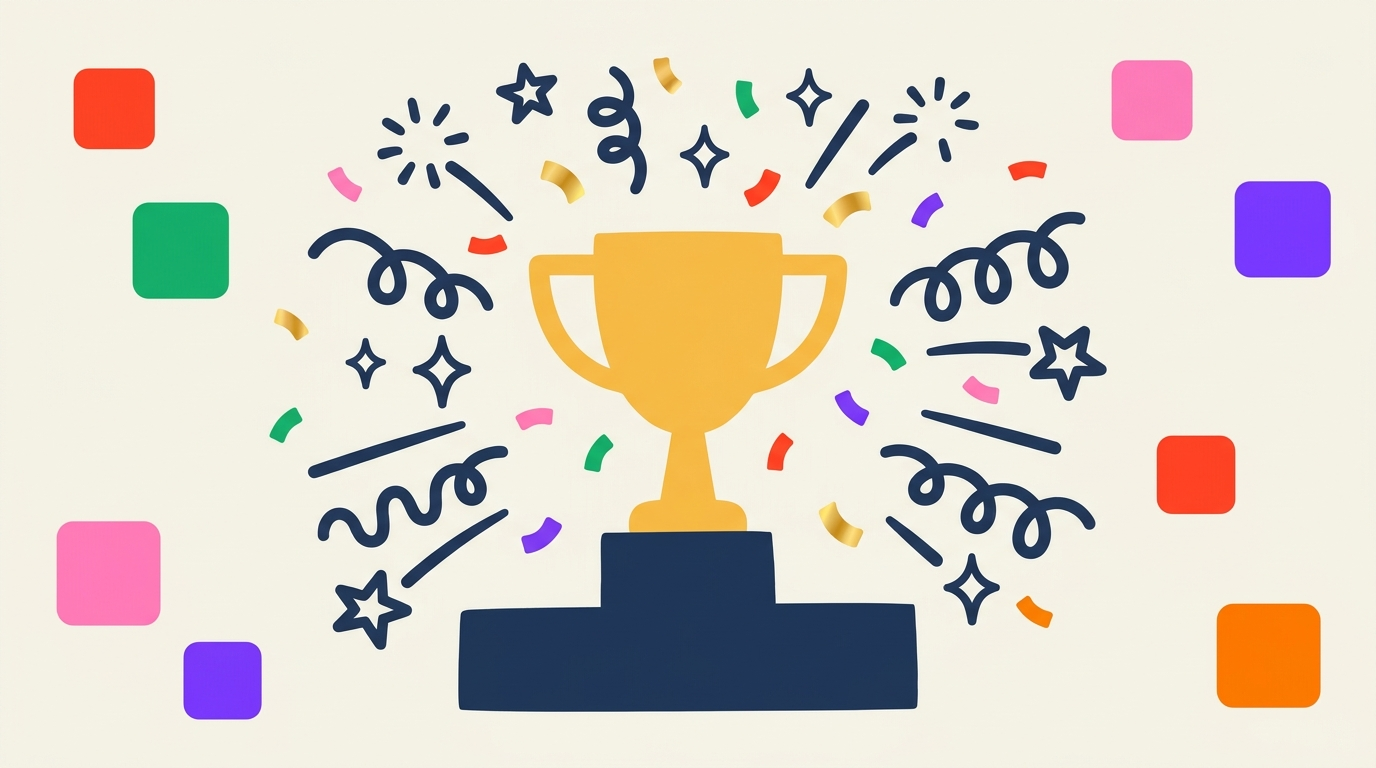 Cartoon trophy on a podium with confetti