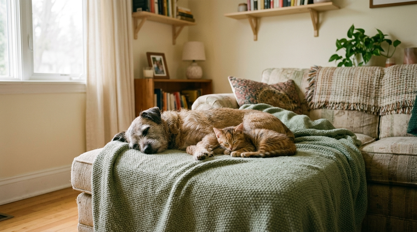 A tabby kitten and a senior dog asleep together on a sage blanket in a foster home