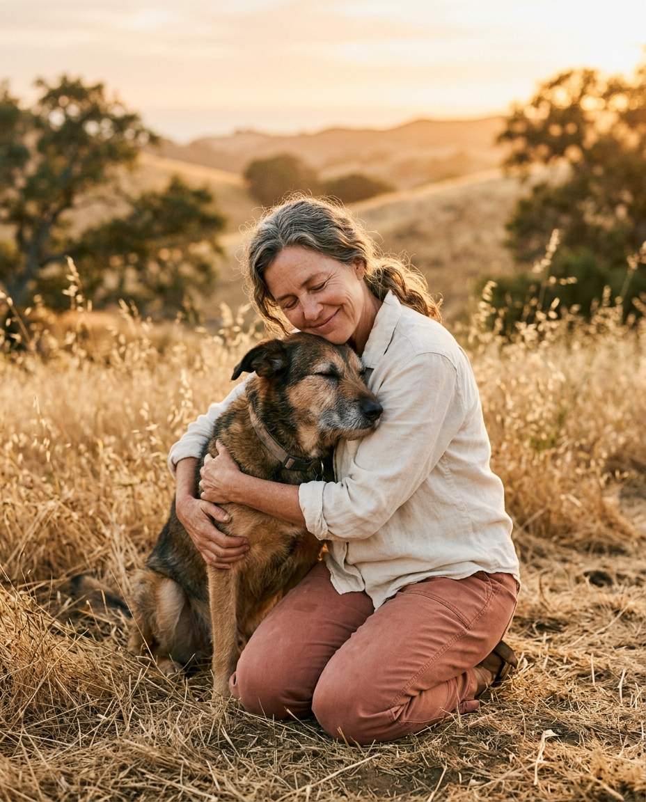 Founder Anita St Lewis hugging a rescued shepherd mix dog in golden light