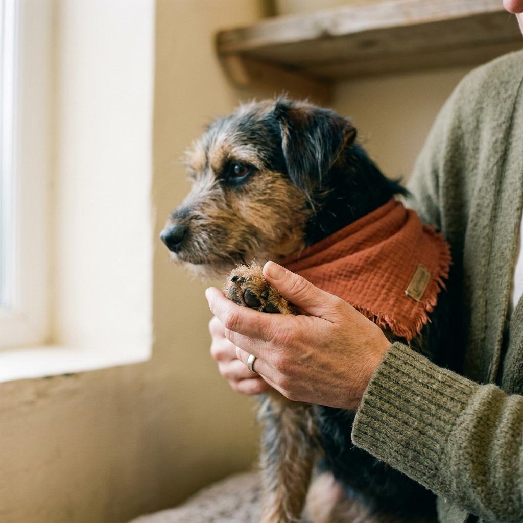 A volunteer gently holding the paw of a scruffy terrier