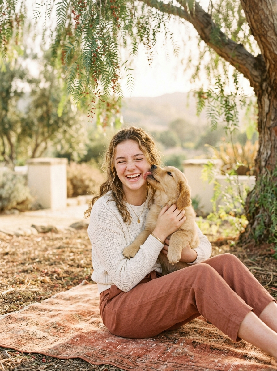 A teenage girl laughing as a golden puppy licks her cheek