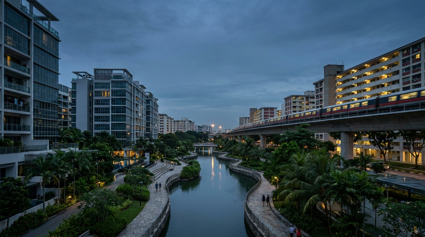 Singapore heartland housing at dusk beside a landscaped waterway and an elevated MRT viaduct