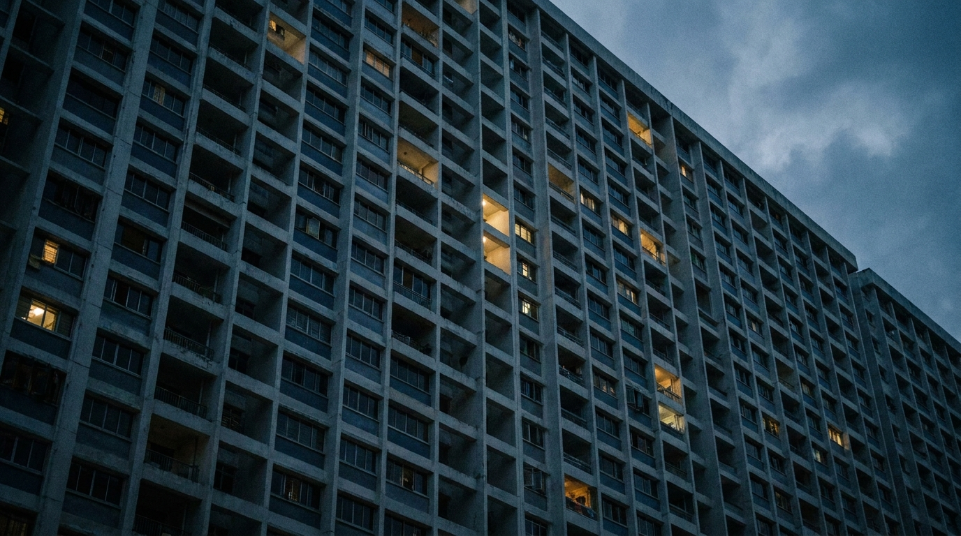 Looking up a Singapore residential tower facade at dusk, repeating balconies, some units lit