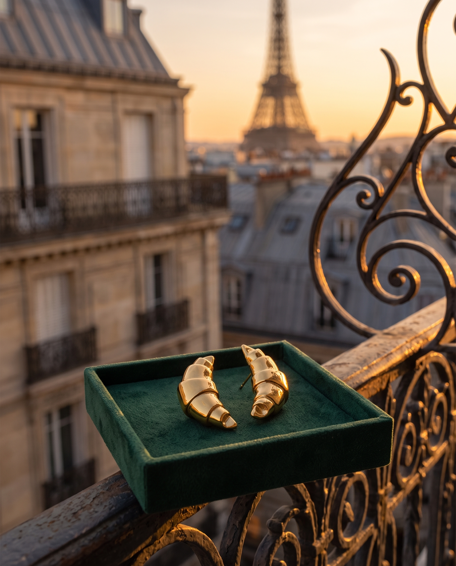 CÉRÈS croissant earrings on a green velvet tray on a Haussmann balcony, the Eiffel Tower behind