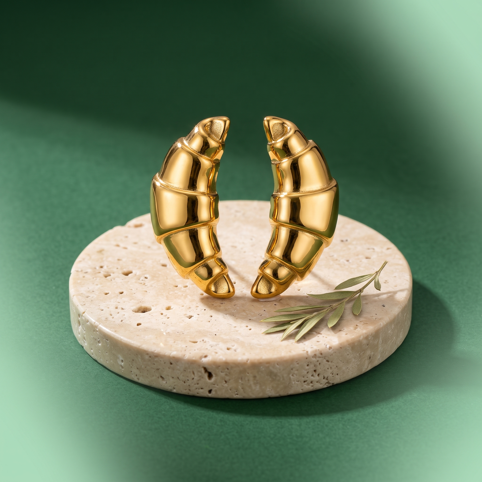 Croissant earrings on a stone pedestal against Cérès green studio background