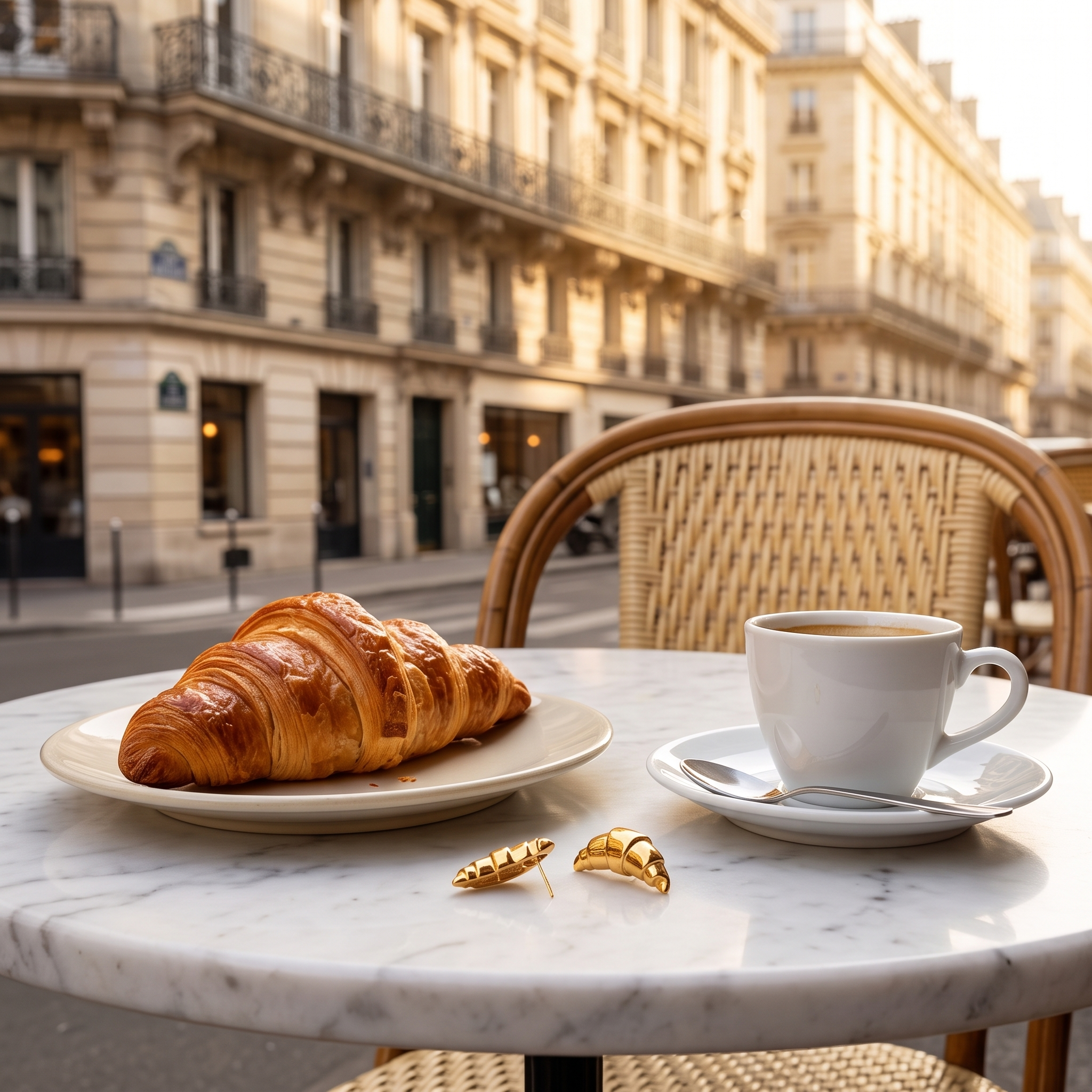 Croissant earrings on a marble bistro table beside a croissant and espresso