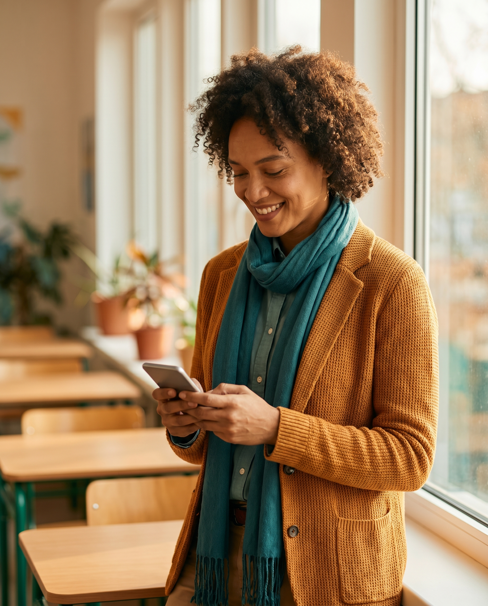 A teacher reading their personal coaching on a phone