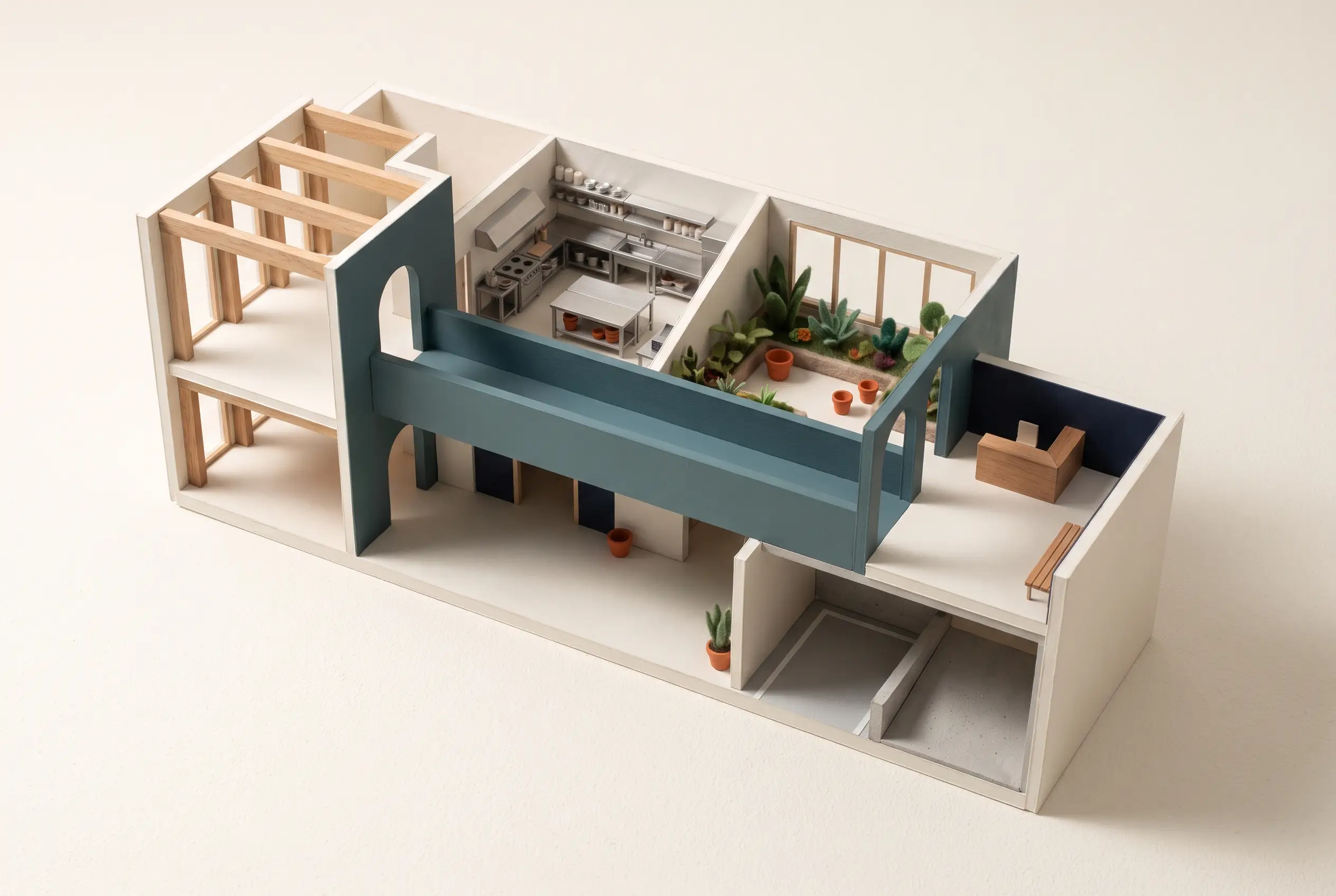 Ilustración conceptual de una maqueta arquitectónica con espacios conectados que representa la integración de servicios.